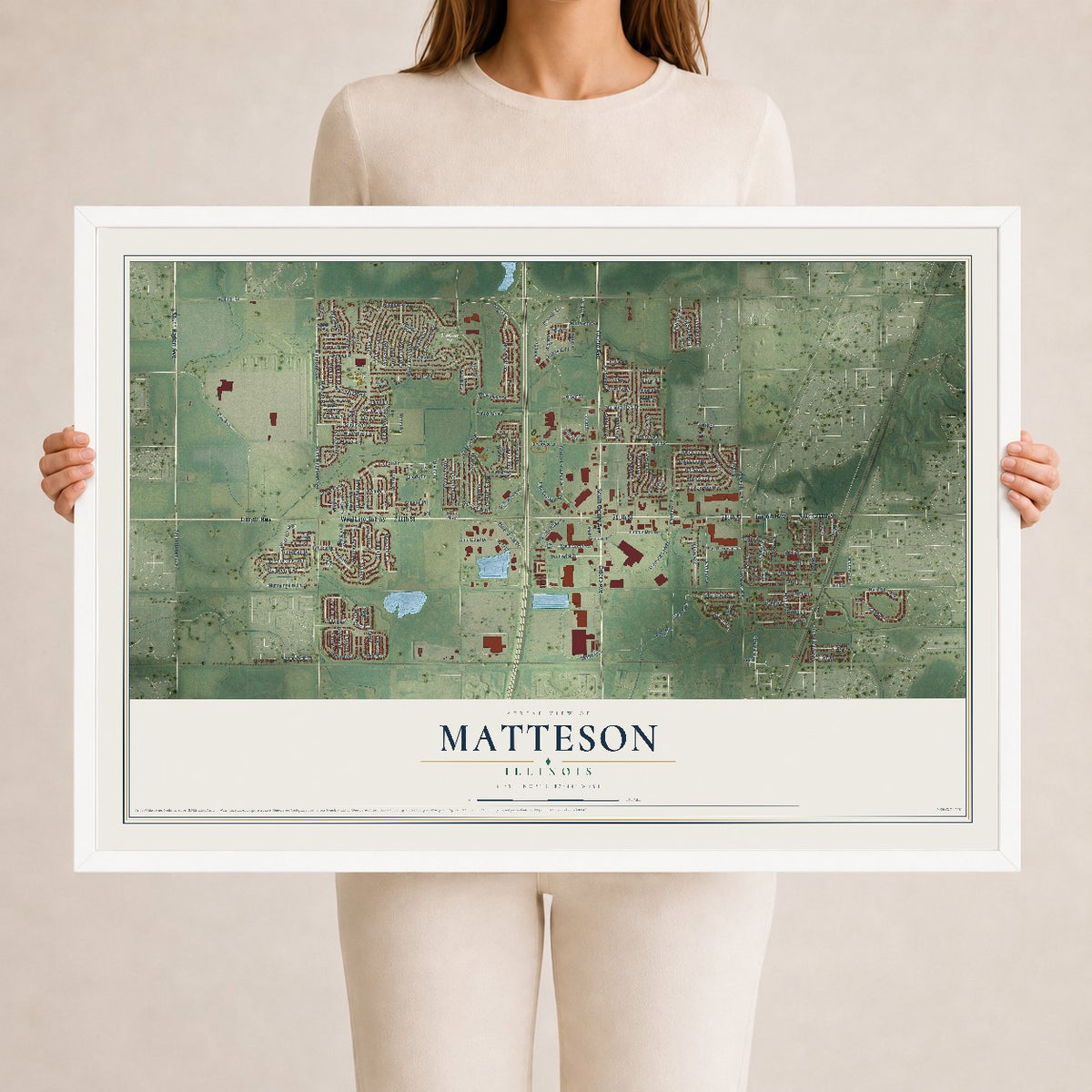 Map of Matteson, Illinois, 24 x 36 inch print in a white wood frame