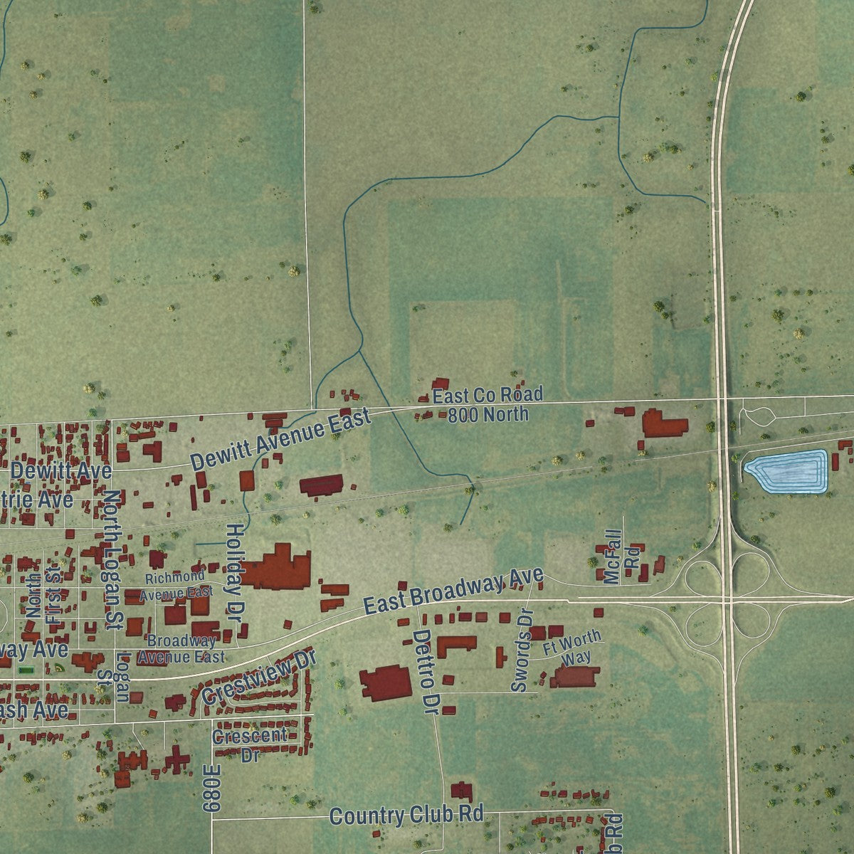 Second close-up of the map of Mattoon, Illinois print showing more streets and buildings