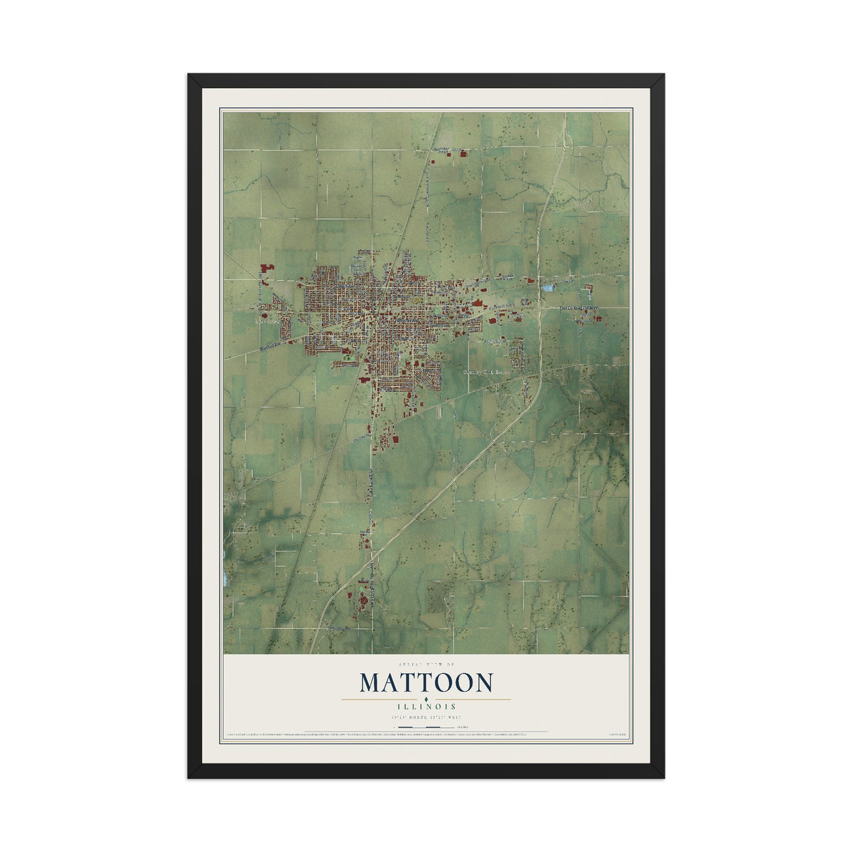 Map of Mattoon, Illinois, 12 x 18 inch print in a black wood frame