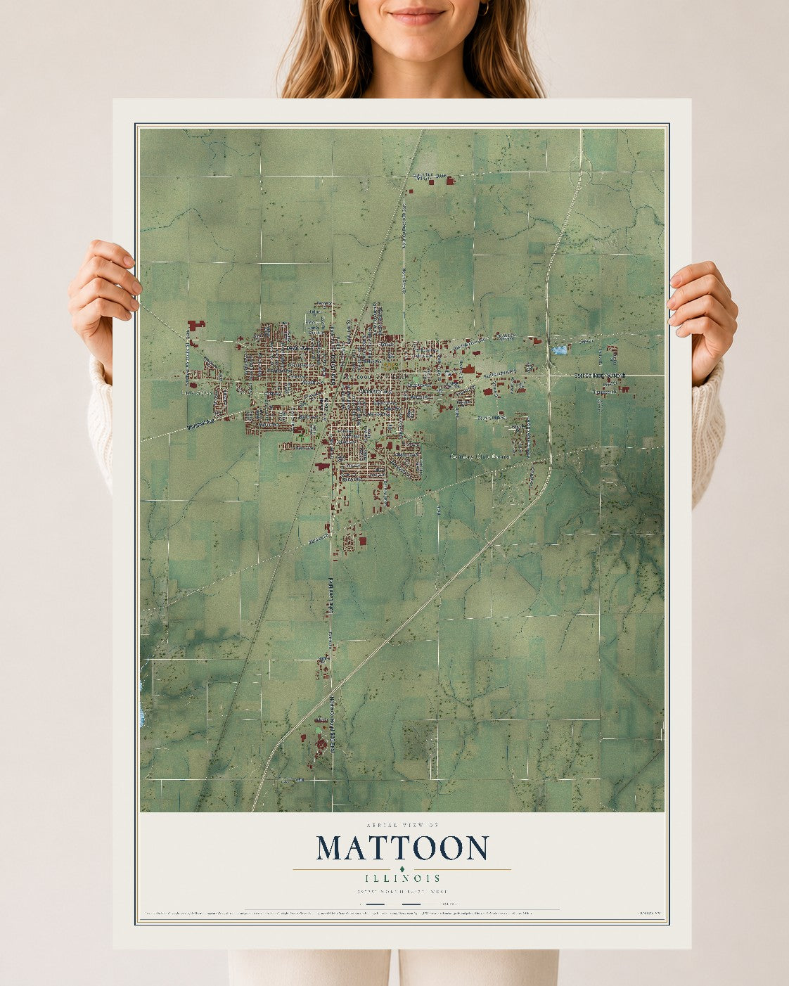 Map of Mattoon, Illinois, 24 x 36 inch unframed archival matte print