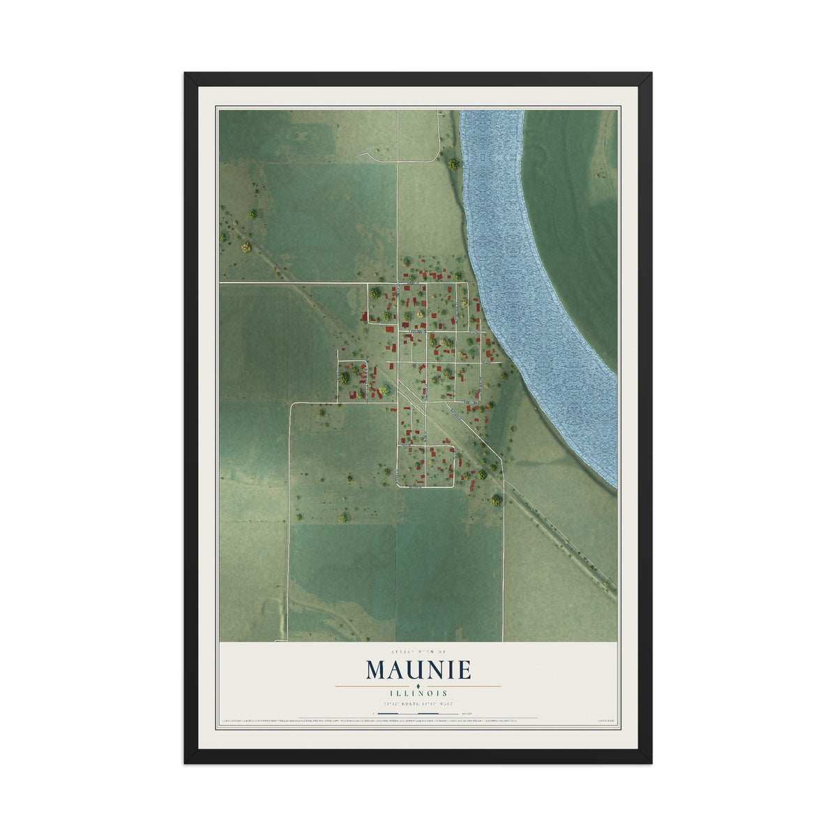 Map of Maunie, Illinois, 12 x 18 inch print in a black wood frame