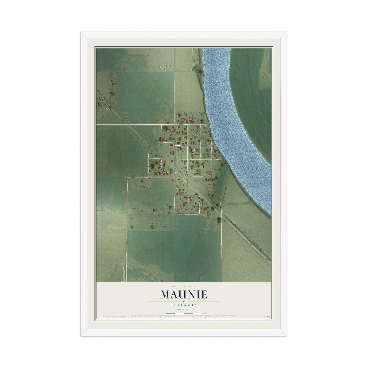 Map of Maunie, Illinois, 12 x 18 inch print in a white wood frame