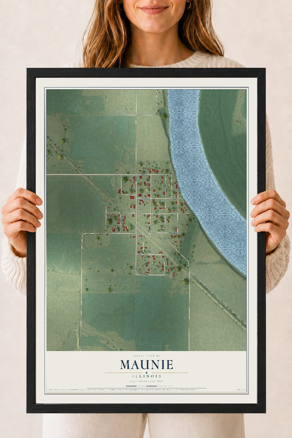 Map of Maunie, Illinois, 18 x 24 inch print in a black wood frame