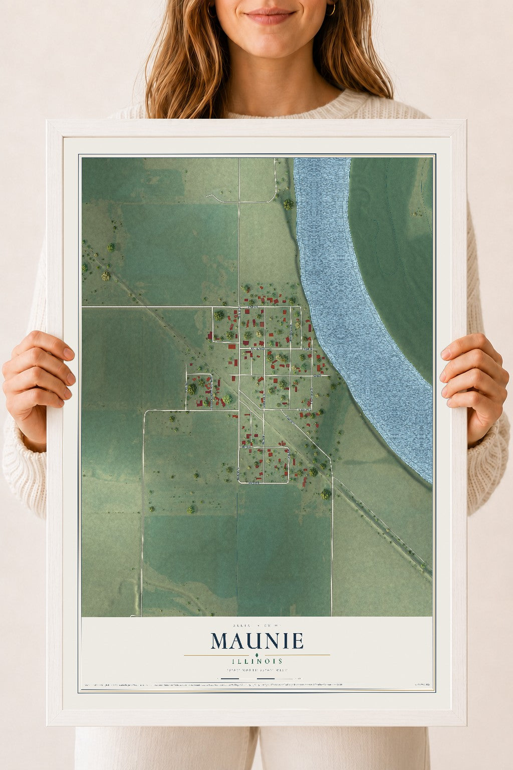 Map of Maunie, Illinois, 18 x 24 inch print in a white wood frame