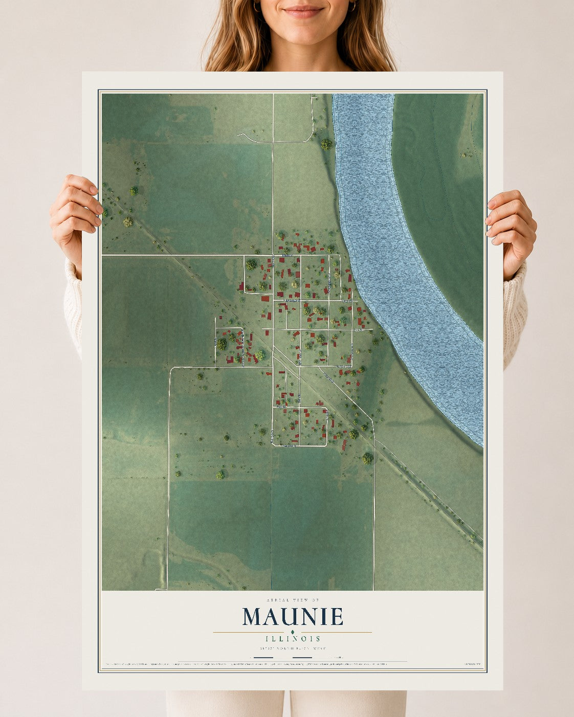 Map of Maunie, Illinois, 24 x 36 inch unframed archival matte print