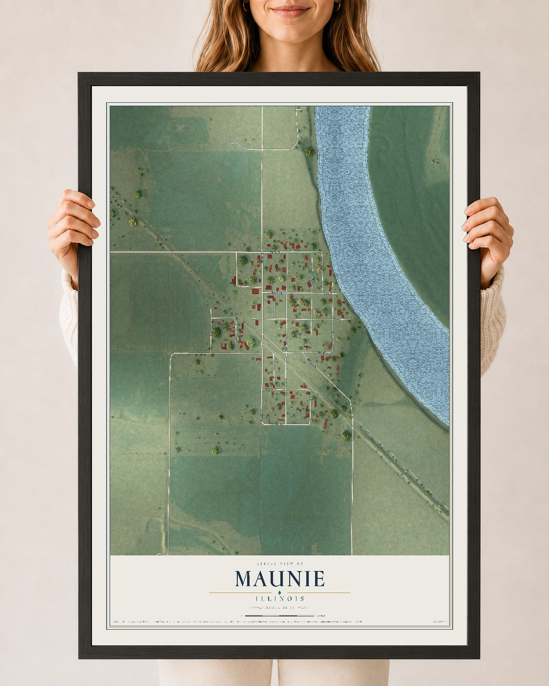 Map of Maunie, Illinois, 24 x 36 inch print in a black wood frame
