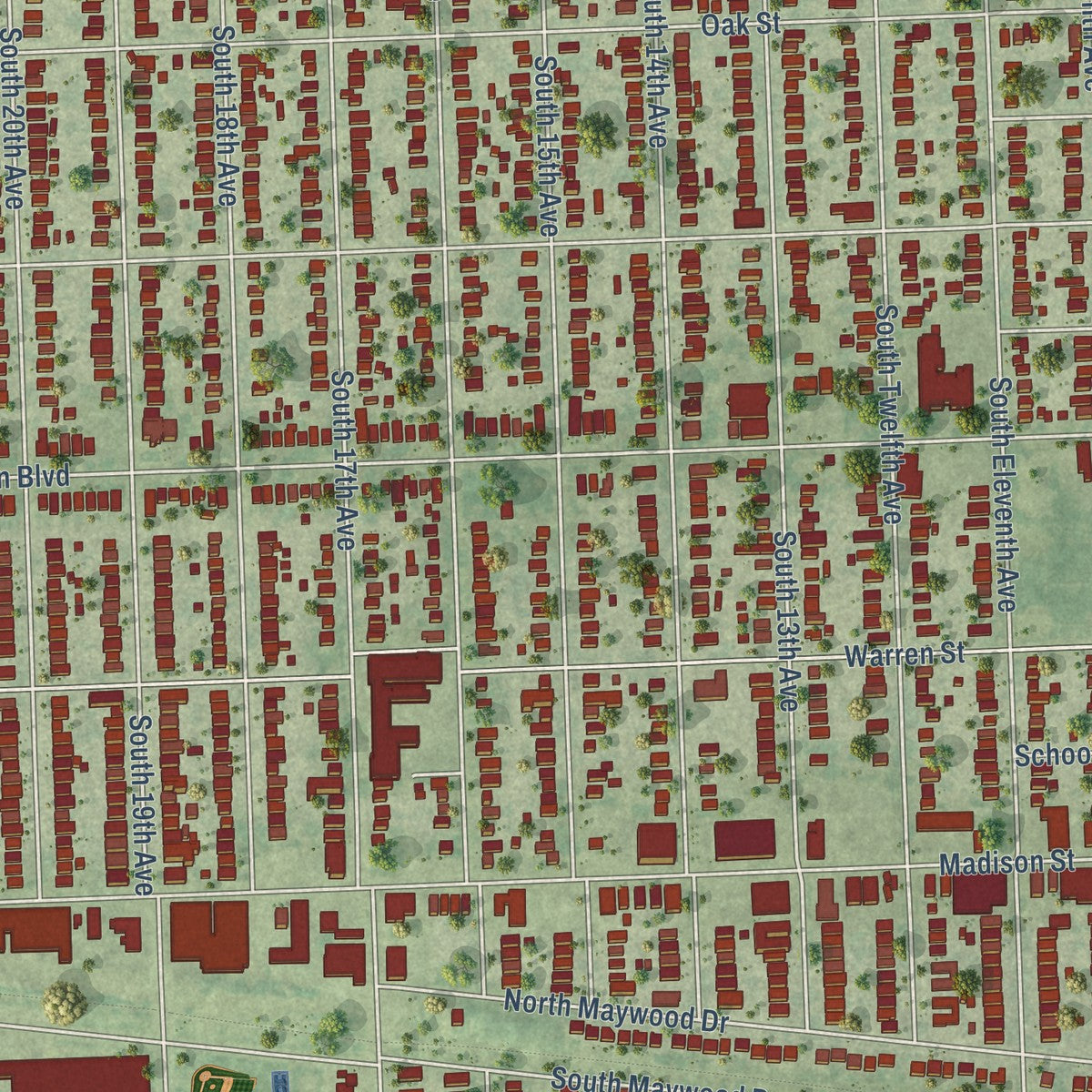 Close-up of the map of Maywood, Illinois print showing street and building detail