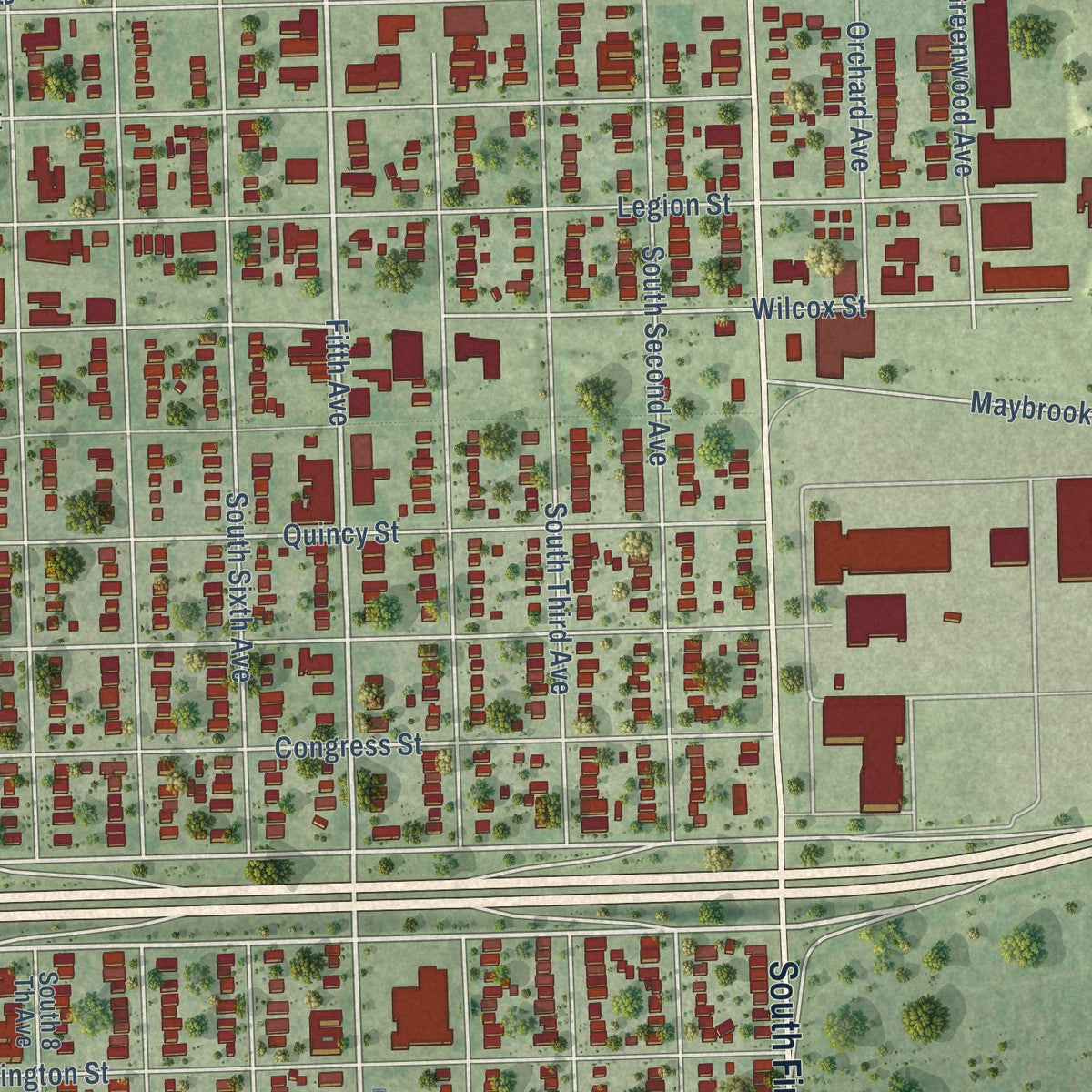 Second close-up of the map of Maywood, Illinois print showing more streets and buildings