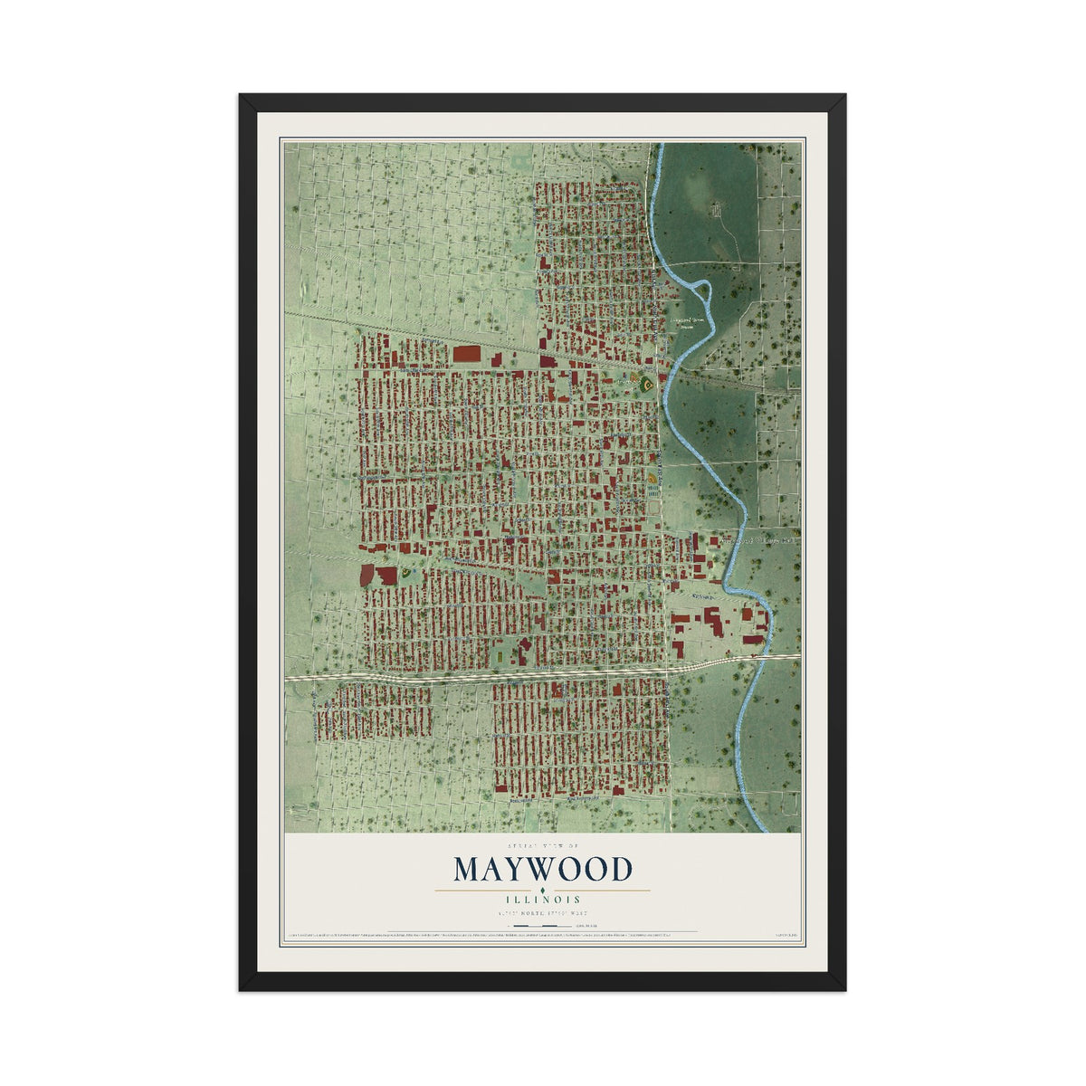 Map of Maywood, Illinois, 12 x 18 inch print in a black wood frame