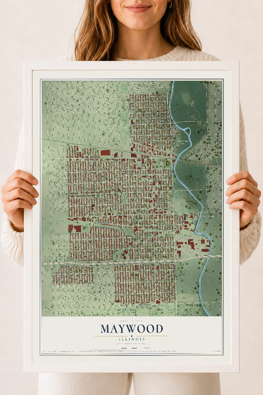 Map of Maywood, Illinois, 18 x 24 inch print in a white wood frame
