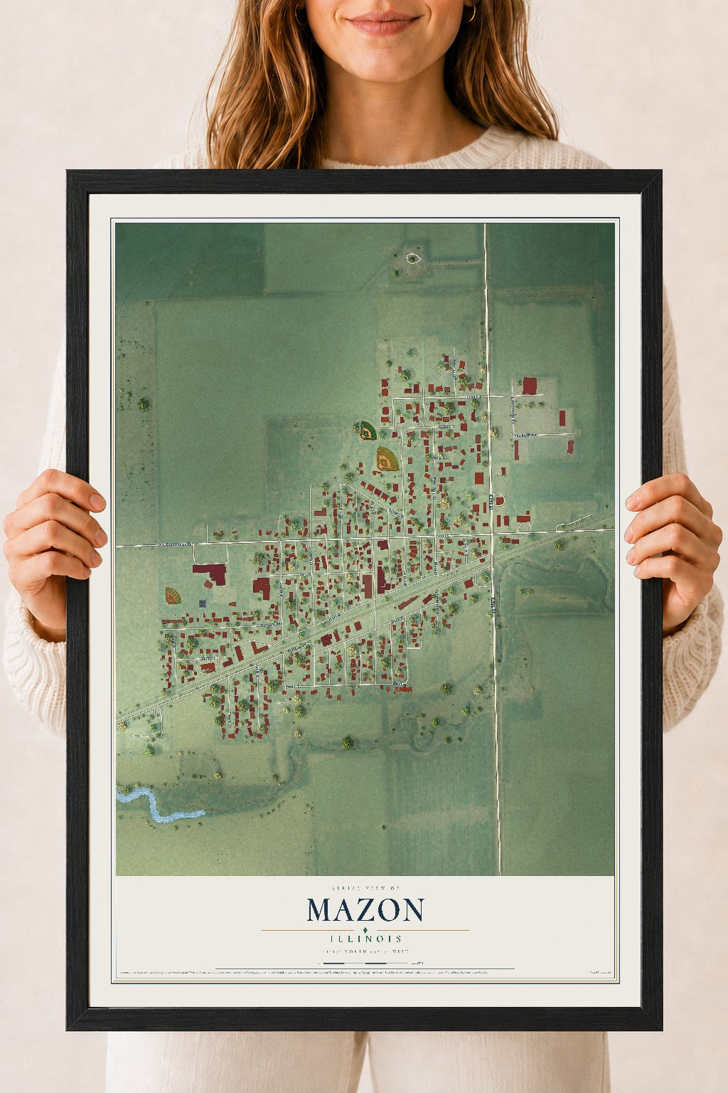 Map of Mazon, Illinois, 18 x 24 inch print in a black wood frame