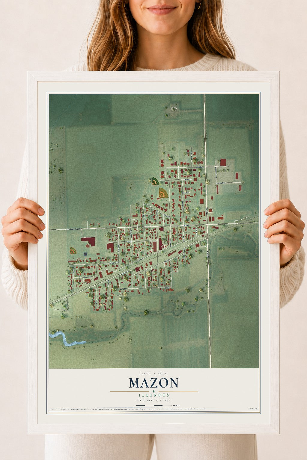 Map of Mazon, Illinois, 18 x 24 inch print in a white wood frame