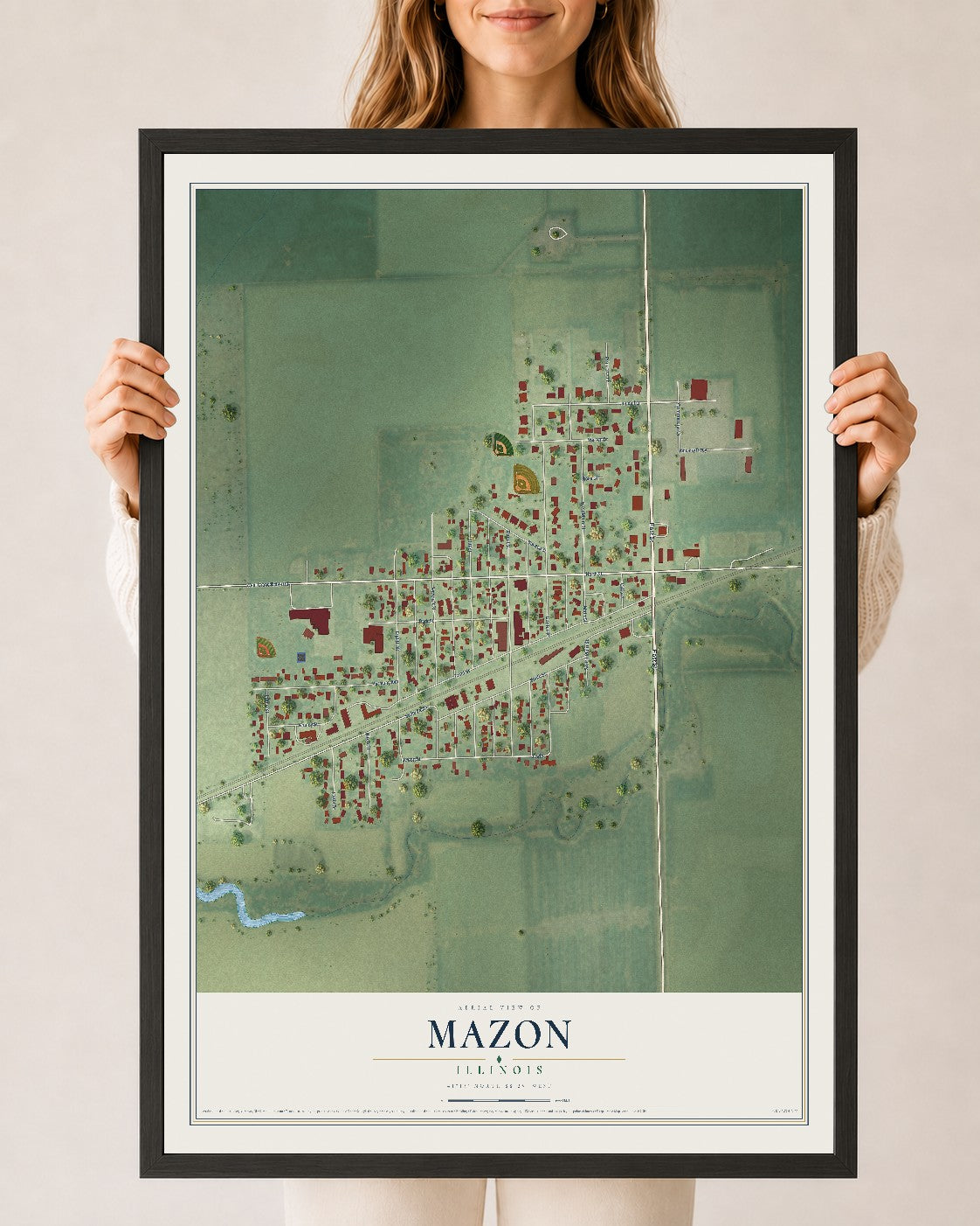Map of Mazon, Illinois, 24 x 36 inch print in a black wood frame
