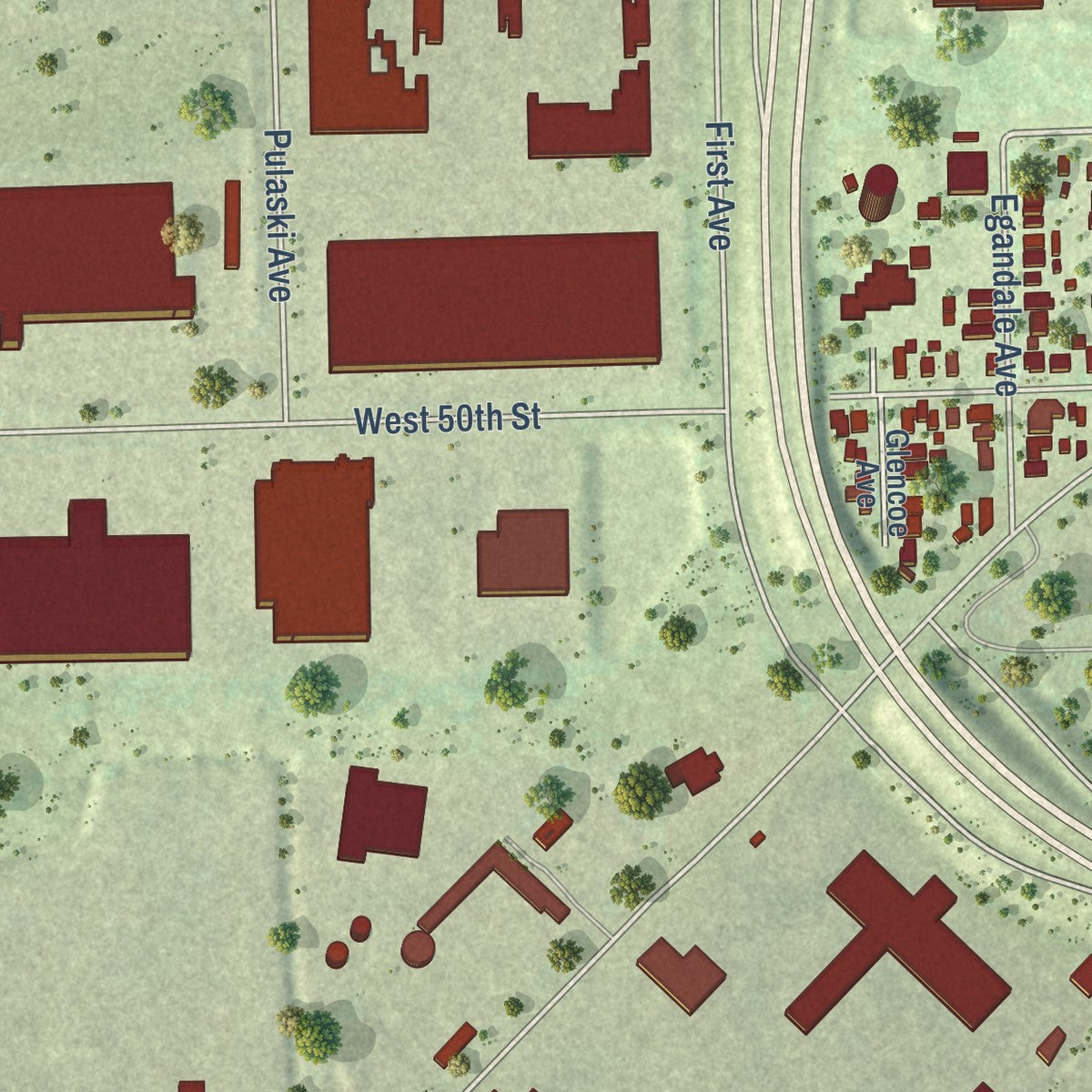Close-up of the map of McCook, Illinois print showing street and building detail
