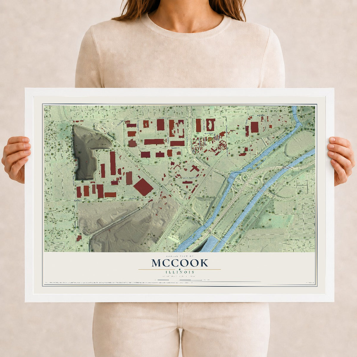 Map of McCook, Illinois, 12 x 18 inch print in a white wood frame