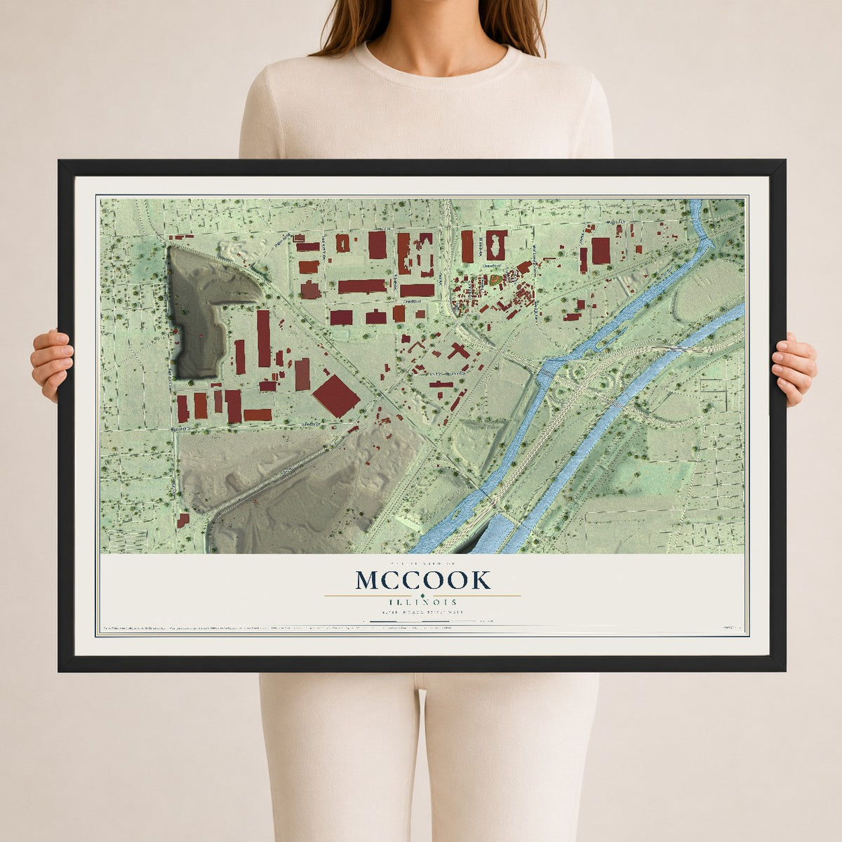 Map of McCook, Illinois, 24 x 36 inch print in a black wood frame