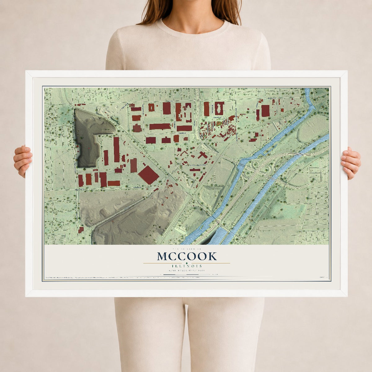 Map of McCook, Illinois, 24 x 36 inch print in a white wood frame