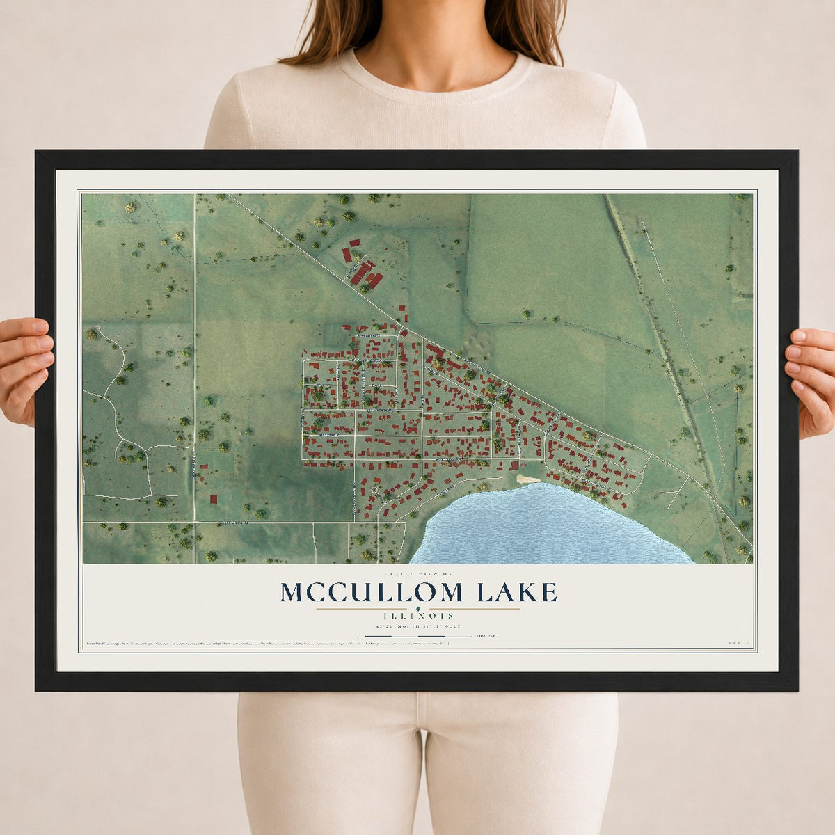 Map of McCullom Lake, Illinois, 18 x 24 inch print in a black wood frame