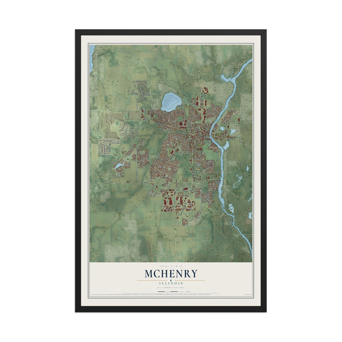 Map of McHenry, Illinois, 12 x 18 inch print in a black wood frame