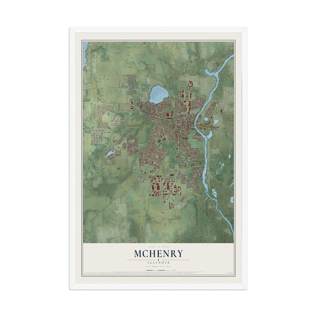 Map of McHenry, Illinois, 12 x 18 inch print in a white wood frame