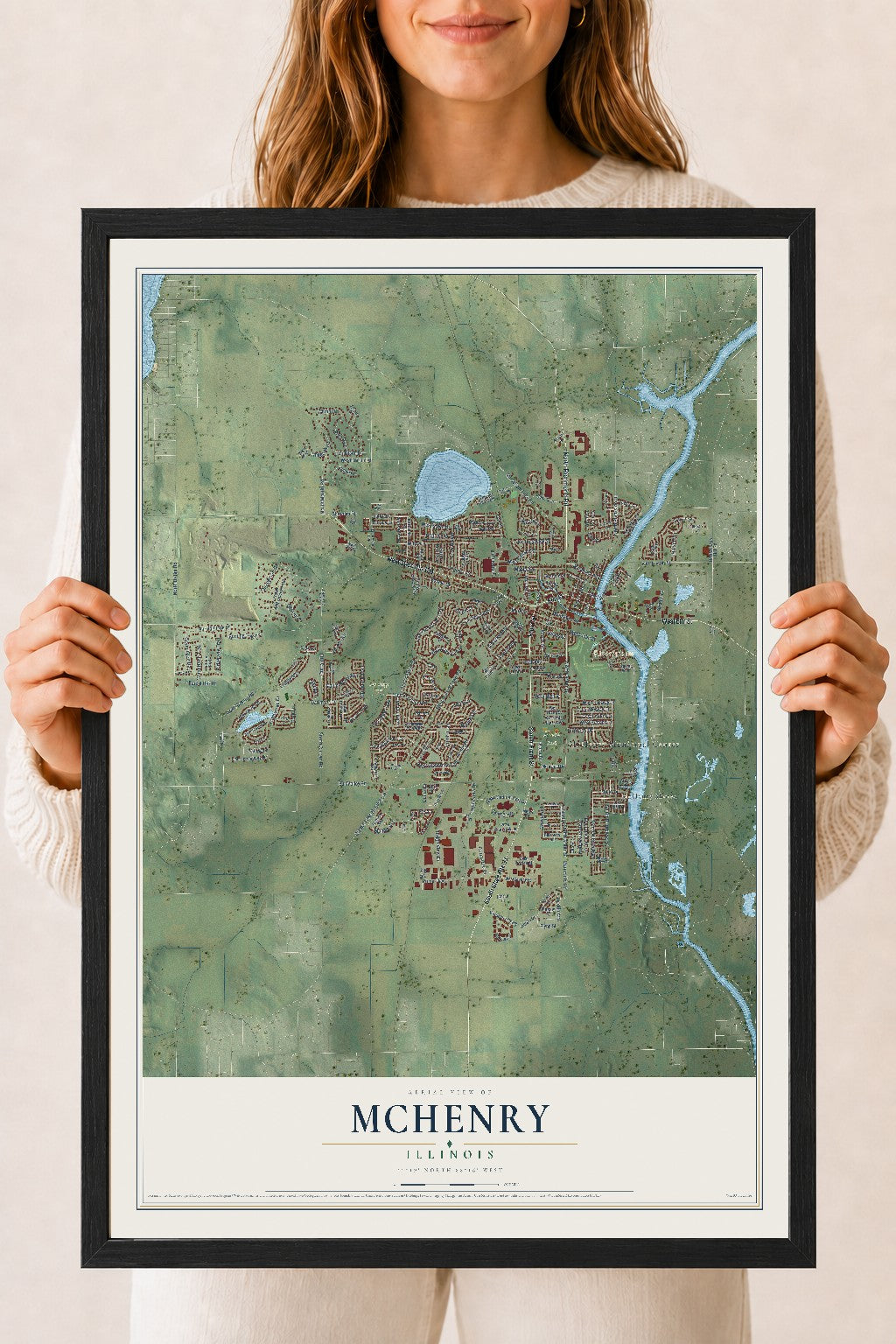 Map of McHenry, Illinois, 18 x 24 inch print in a black wood frame