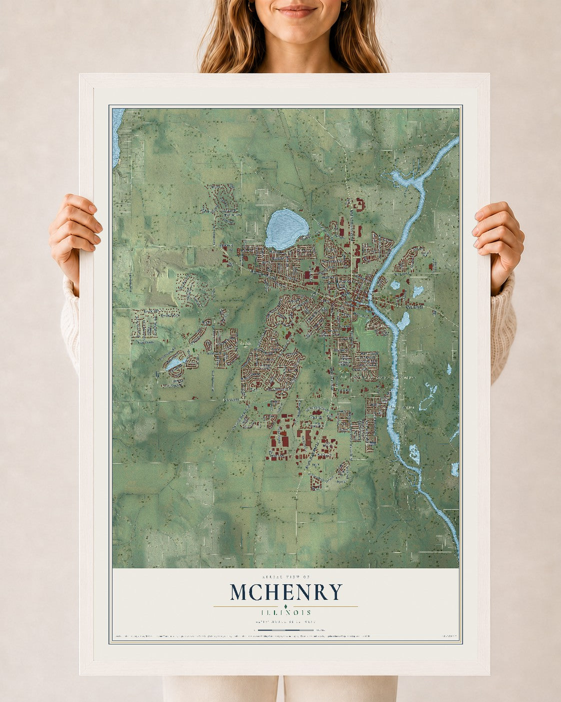 Map of McHenry, Illinois, 24 x 36 inch print in a white wood frame