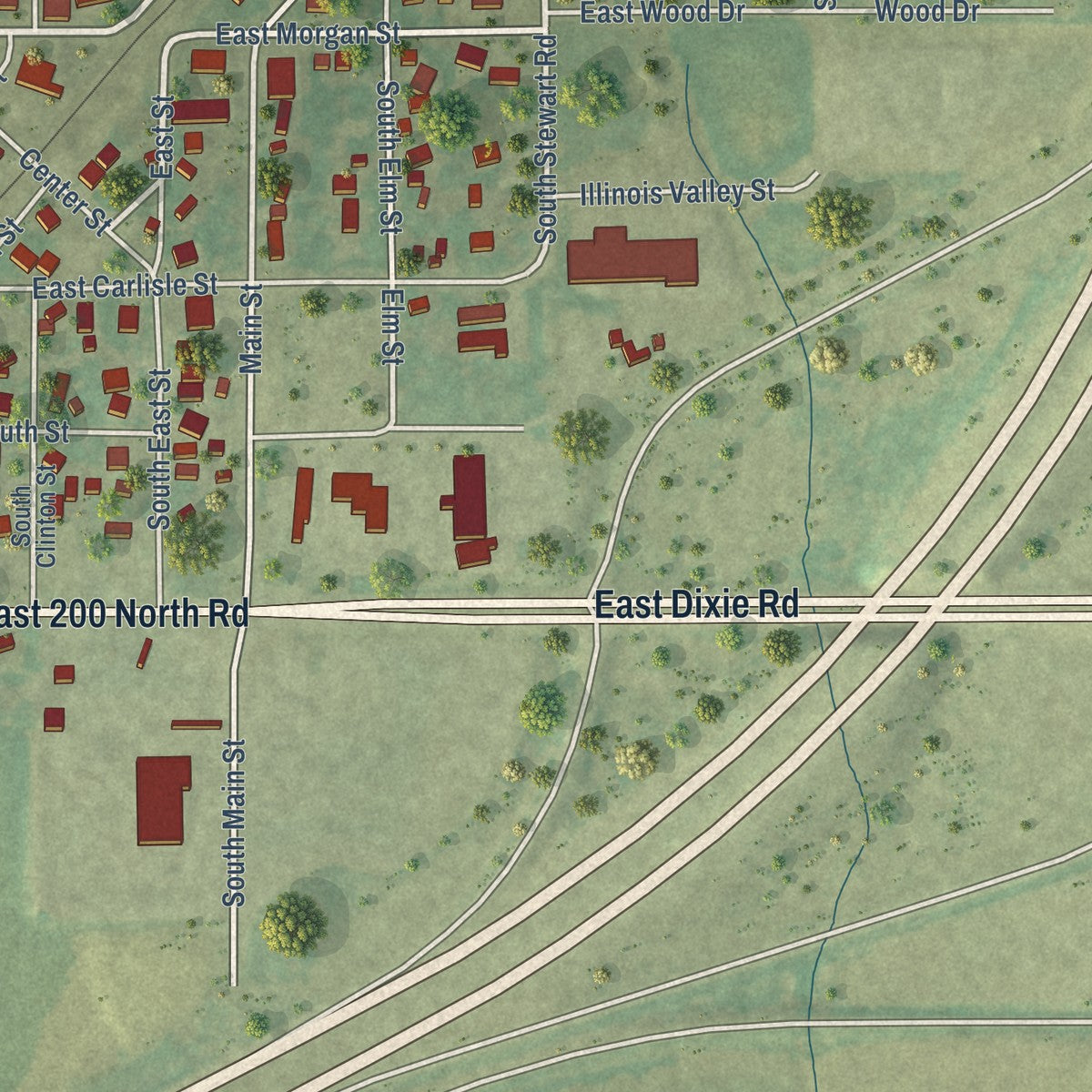 Close-up of the map of McLean, Illinois print showing street and building detail