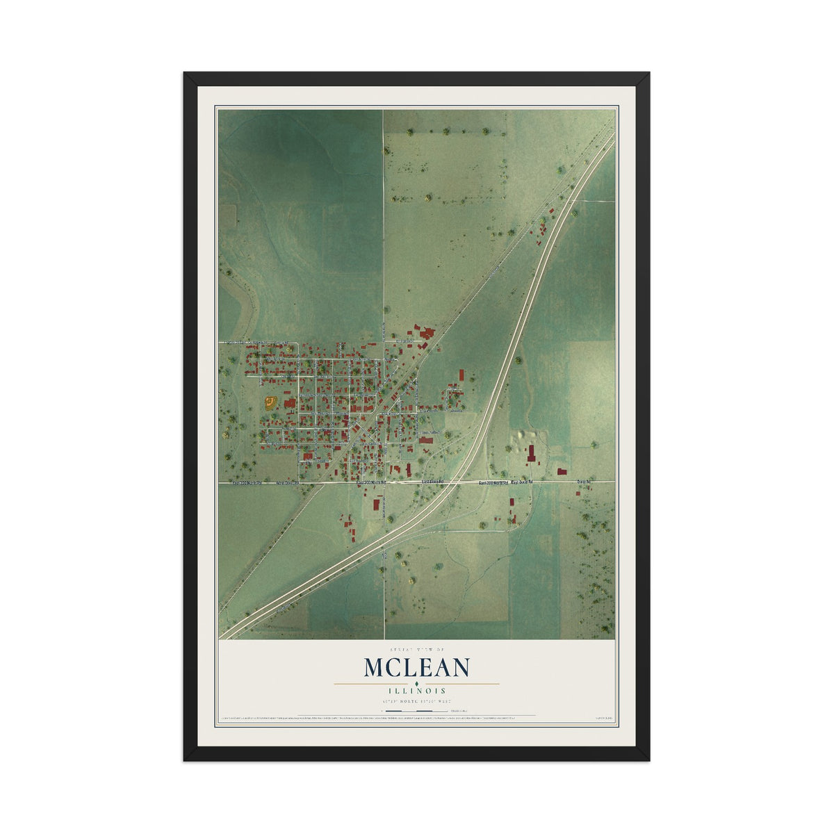 Map of McLean, Illinois, 12 x 18 inch print in a black wood frame