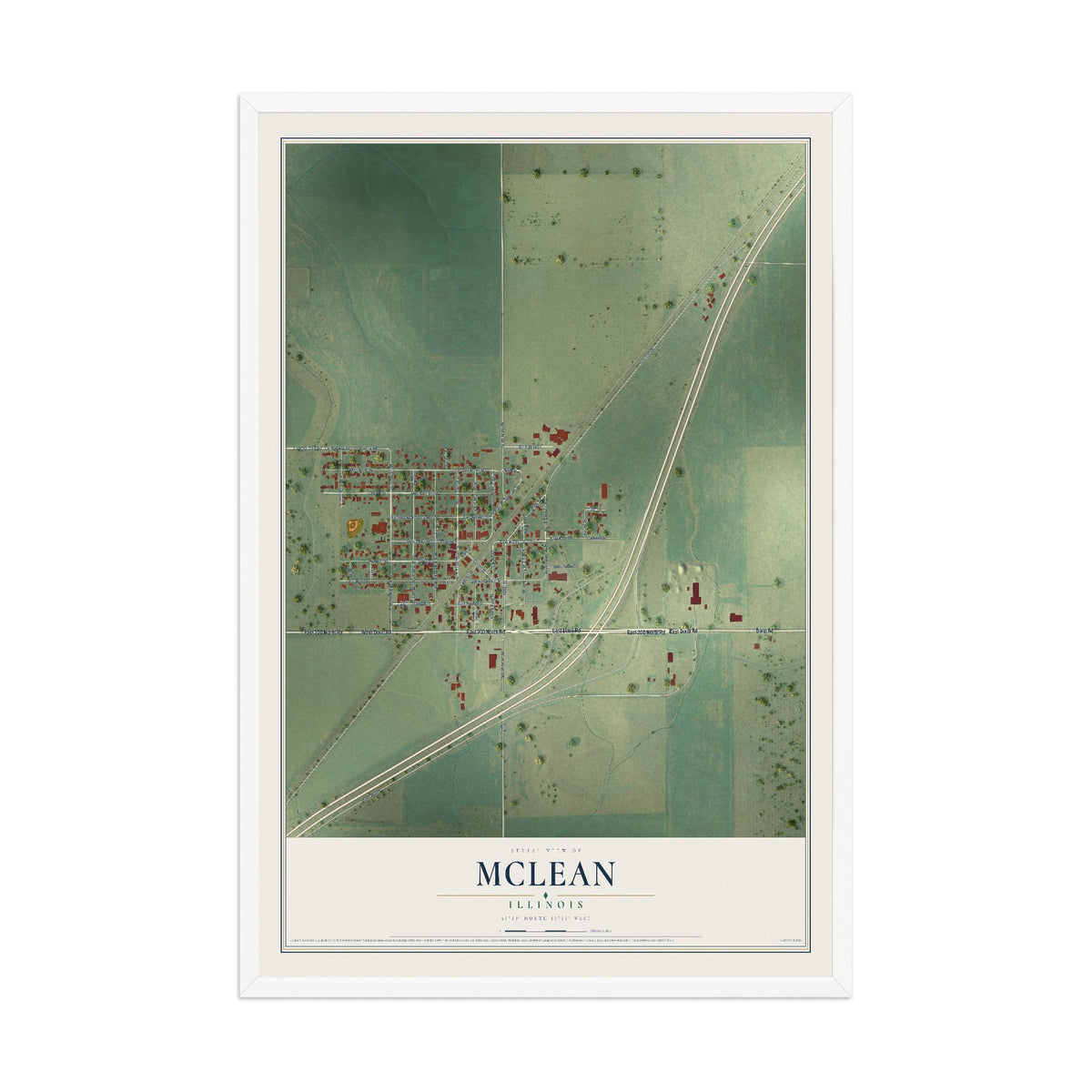 Map of McLean, Illinois, 12 x 18 inch print in a white wood frame