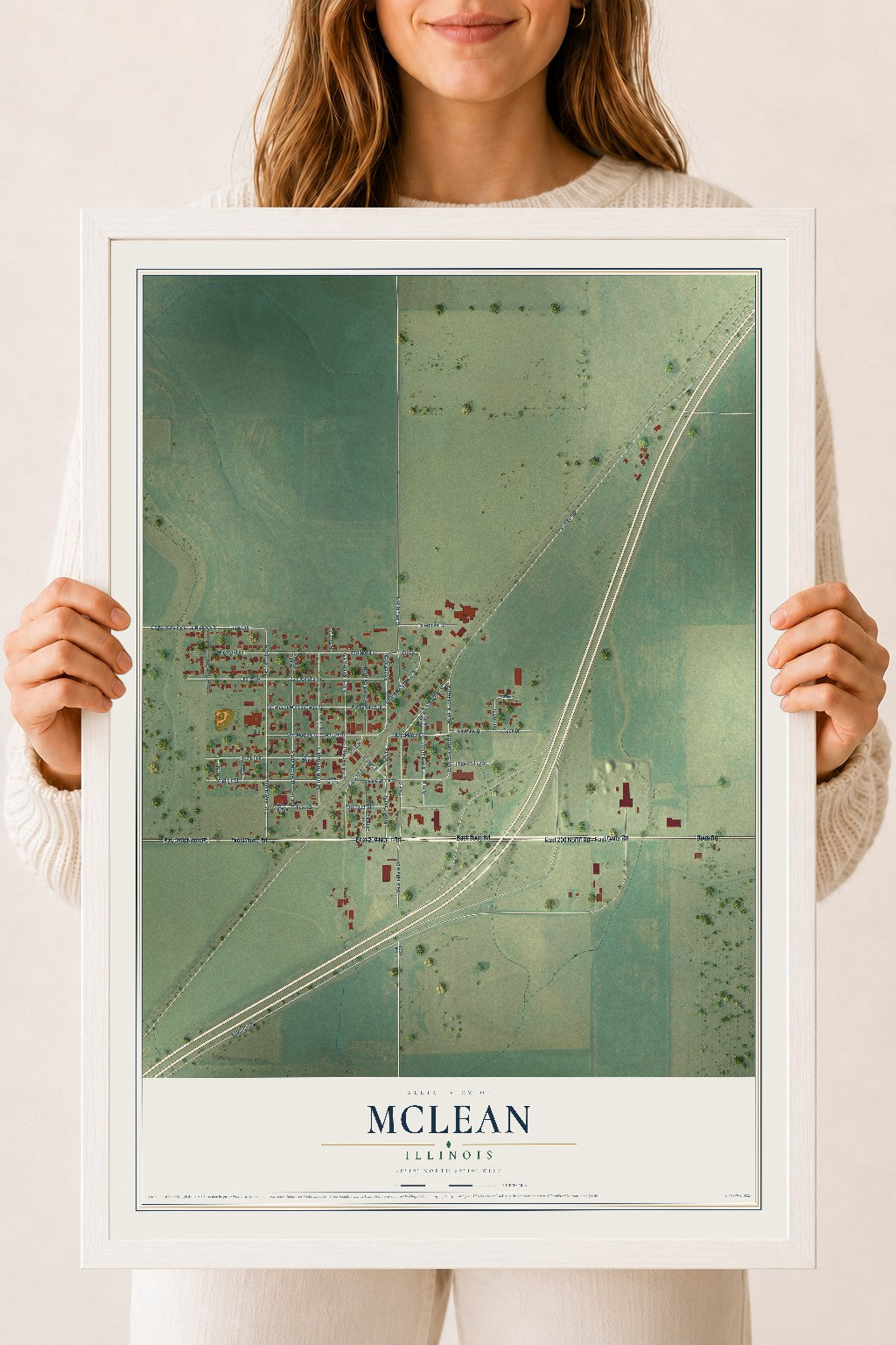 Map of McLean, Illinois, 18 x 24 inch print in a white wood frame