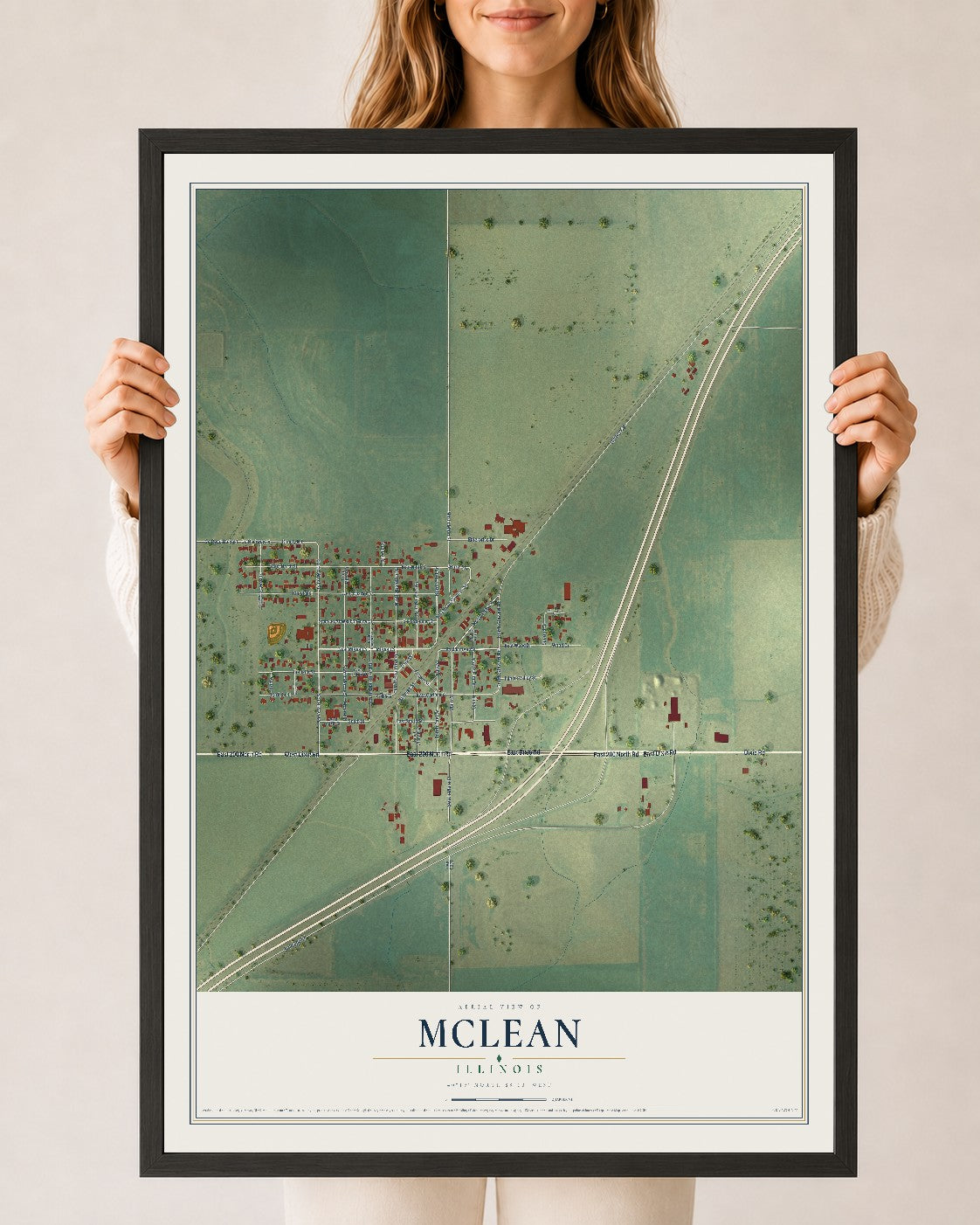 Map of McLean, Illinois, 24 x 36 inch print in a black wood frame