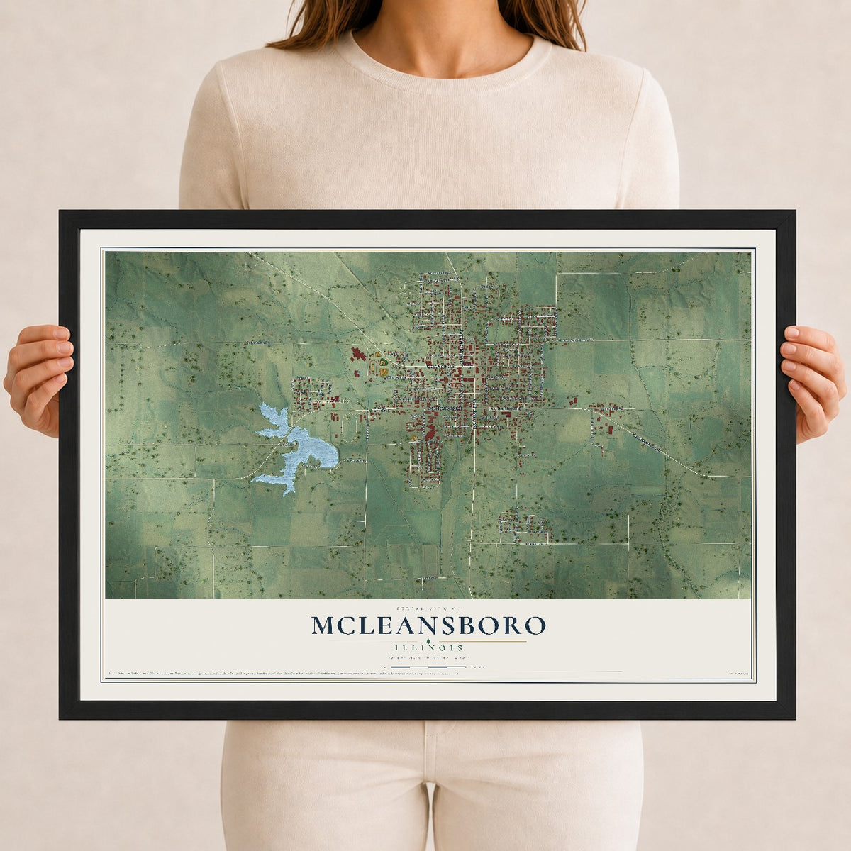 Map of McLeansboro, Illinois, 12 x 18 inch print in a black wood frame