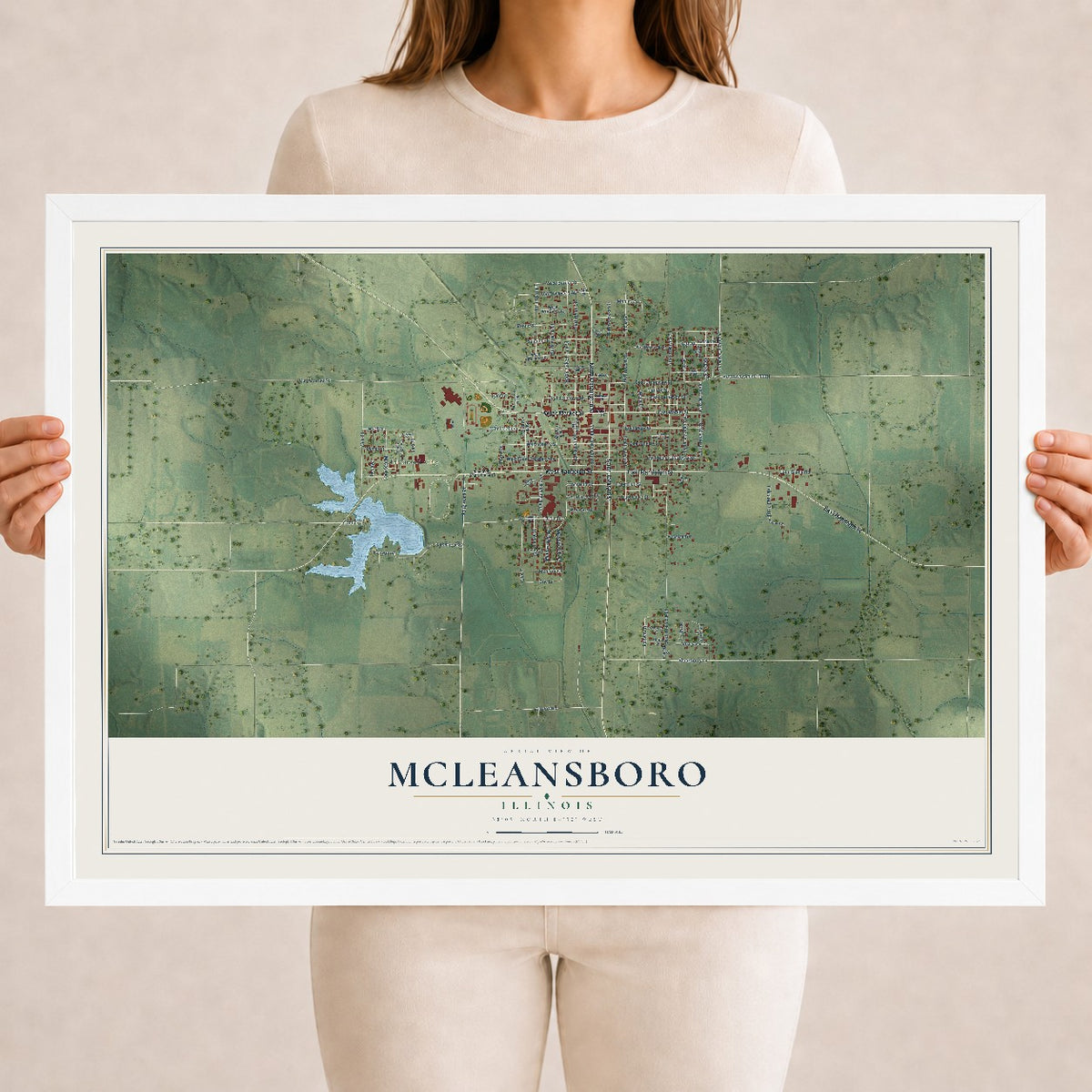 Map of McLeansboro, Illinois, 18 x 24 inch print in a white wood frame