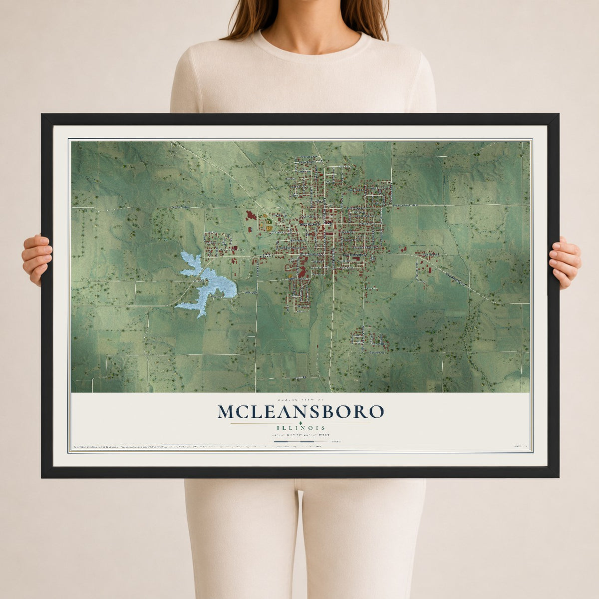 Map of McLeansboro, Illinois, 24 x 36 inch print in a black wood frame
