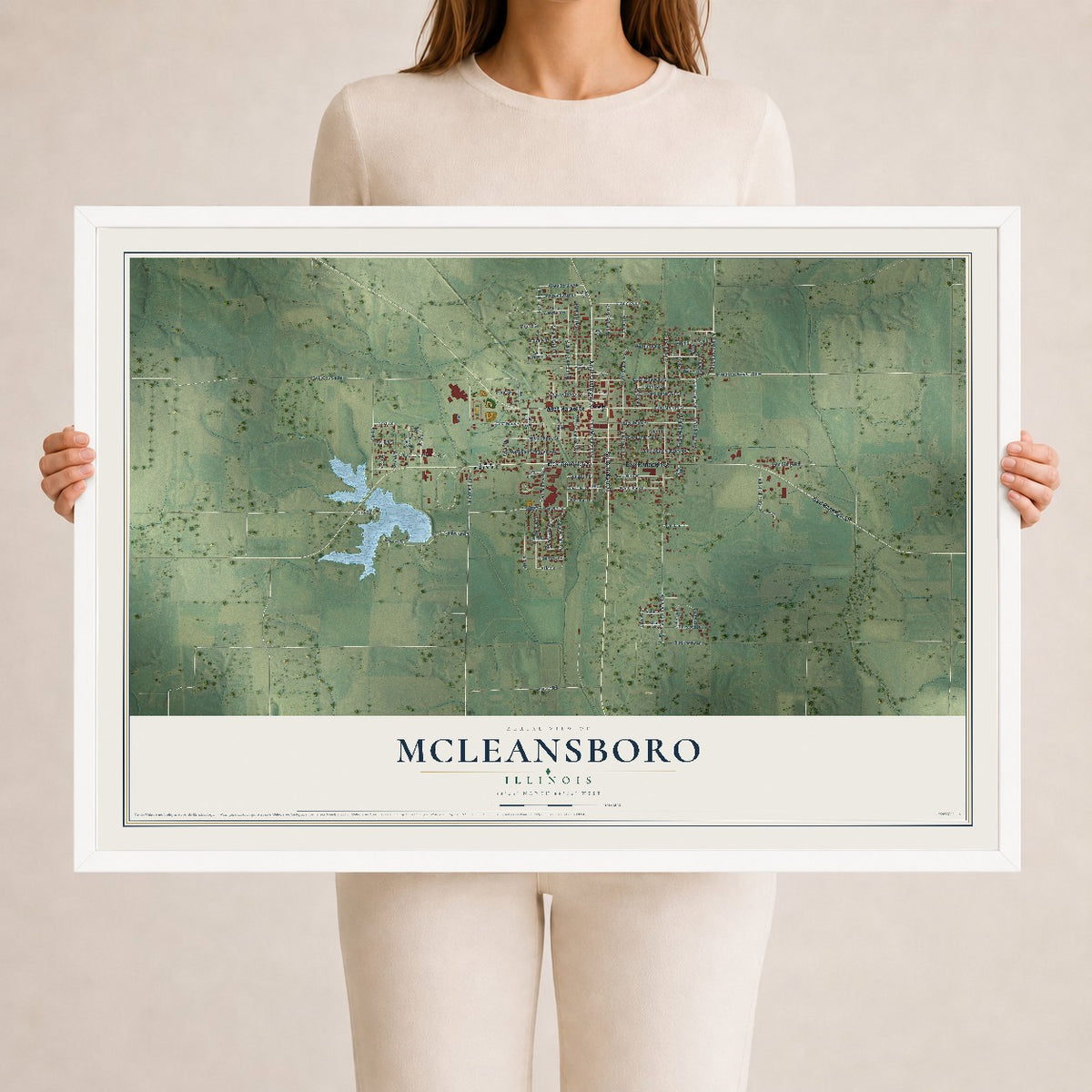 Map of McLeansboro, Illinois, 24 x 36 inch print in a white wood frame