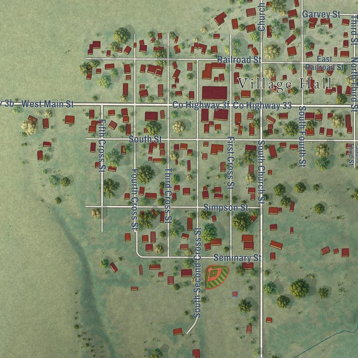 Close-up of the map of Mechanicsburg, Illinois print showing street and building detail