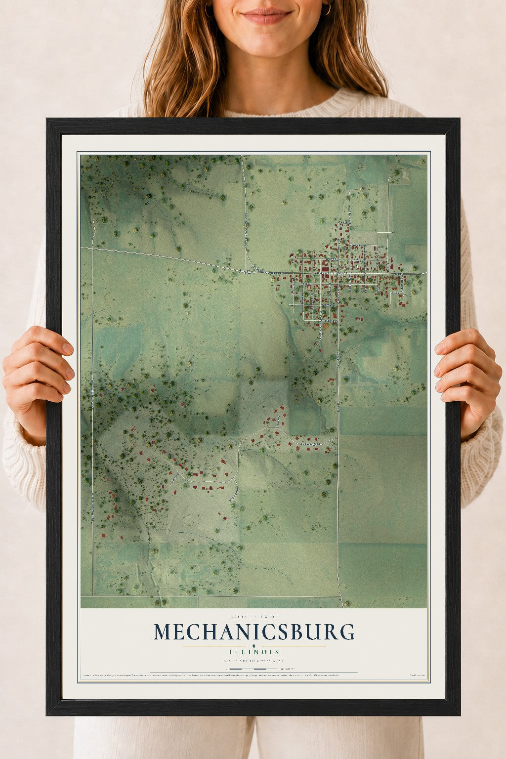 Map of Mechanicsburg, Illinois, 18 x 24 inch print in a black wood frame