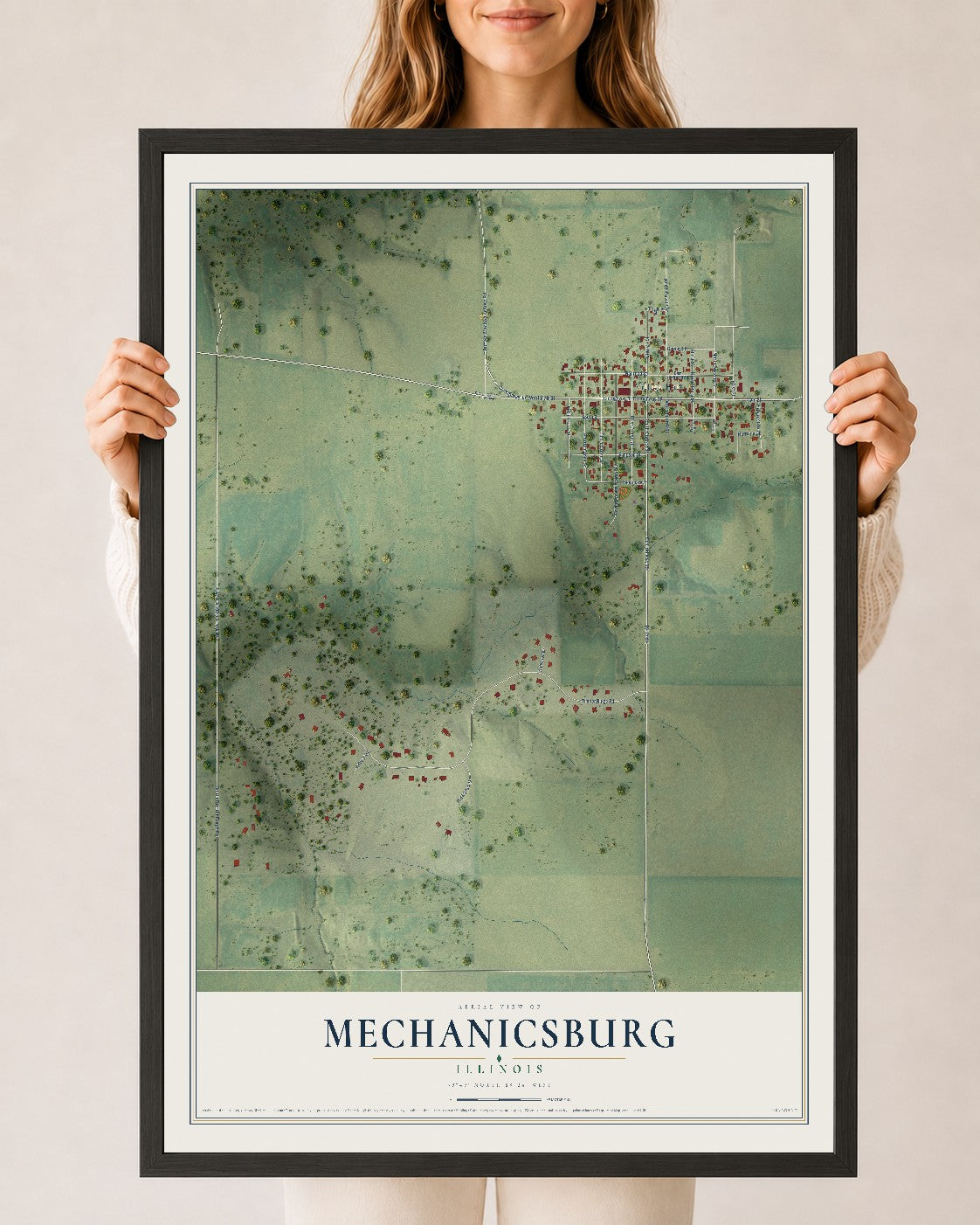 Map of Mechanicsburg, Illinois, 24 x 36 inch print in a black wood frame