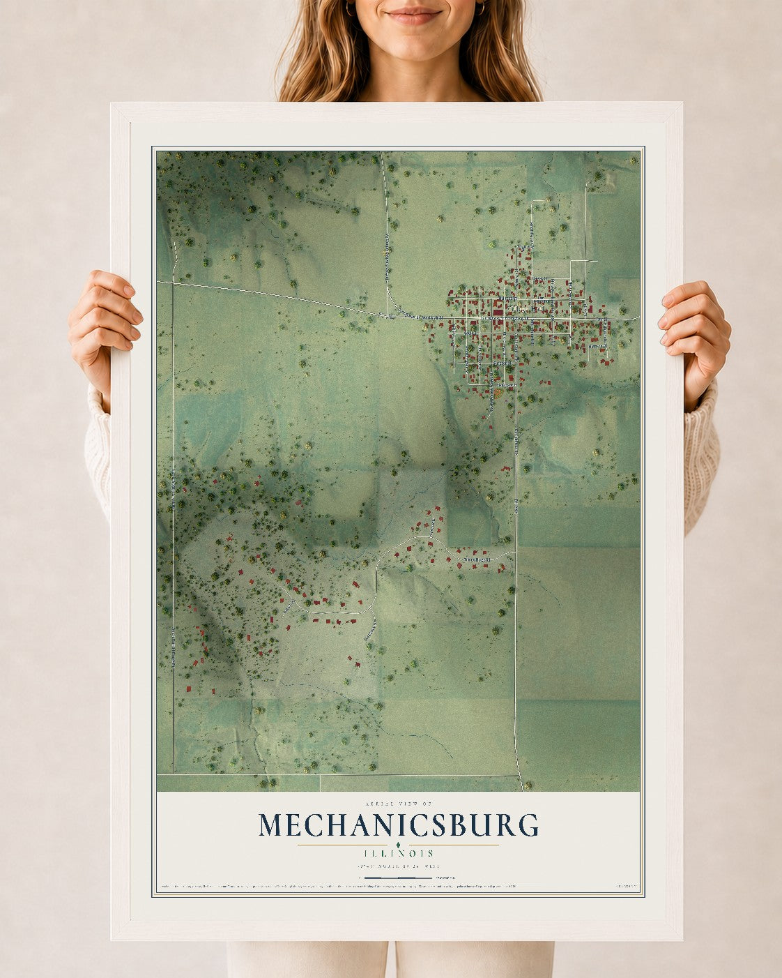 Map of Mechanicsburg, Illinois, 24 x 36 inch print in a white wood frame