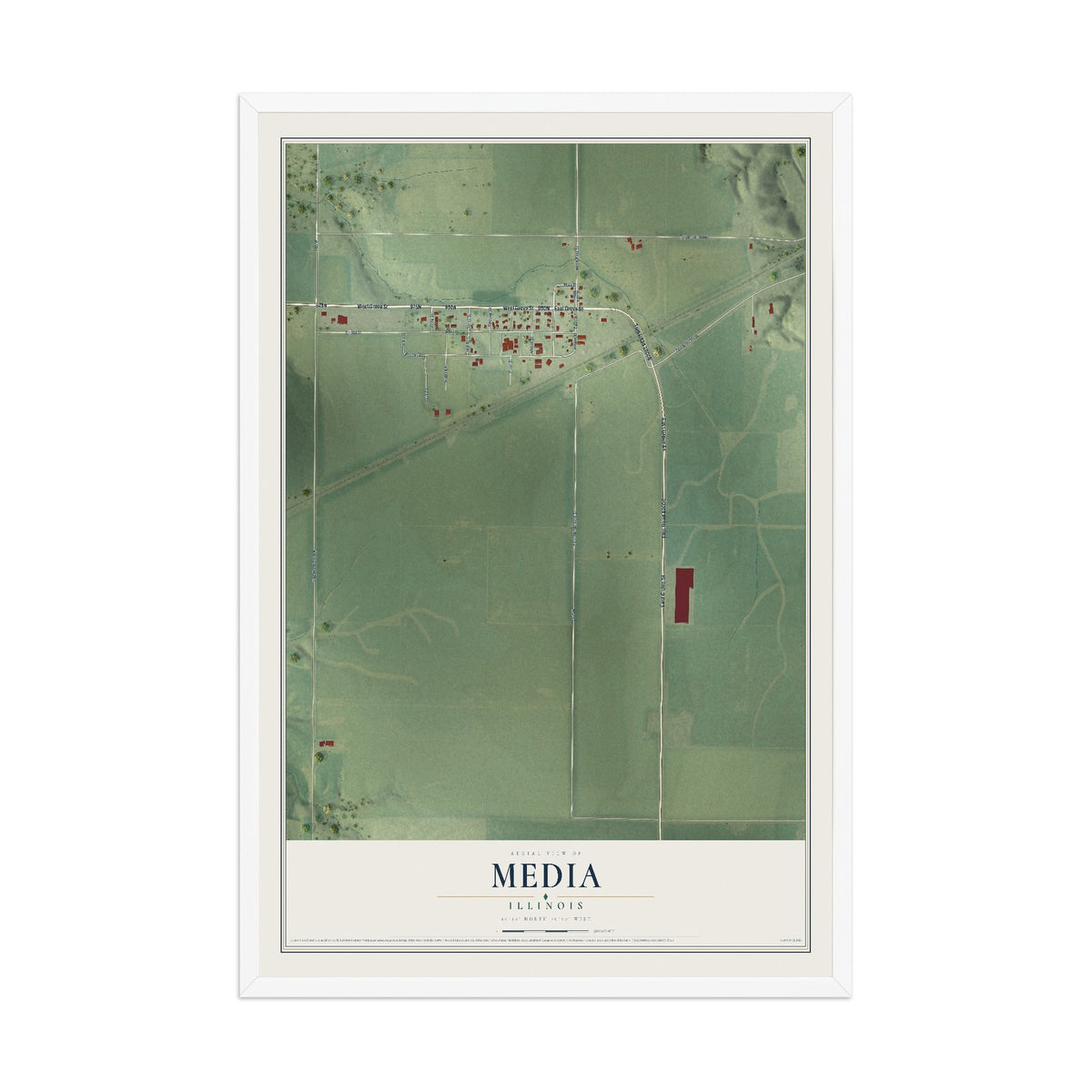 Map of Media, Illinois, 12 x 18 inch print in a white wood frame