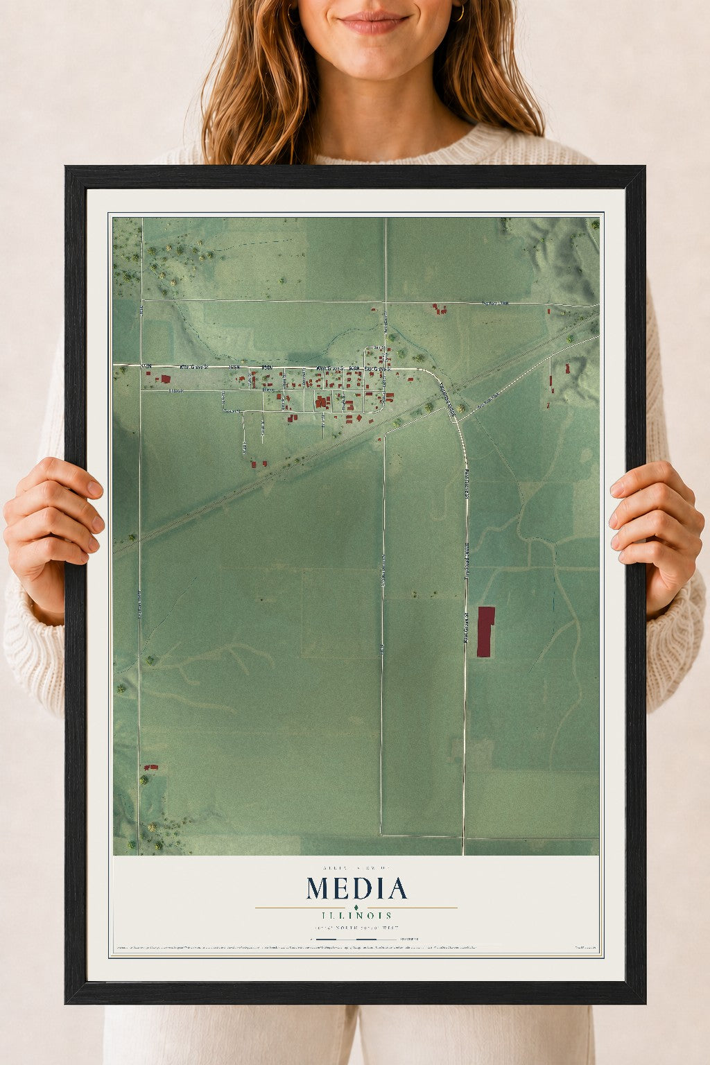 Map of Media, Illinois, 18 x 24 inch print in a black wood frame