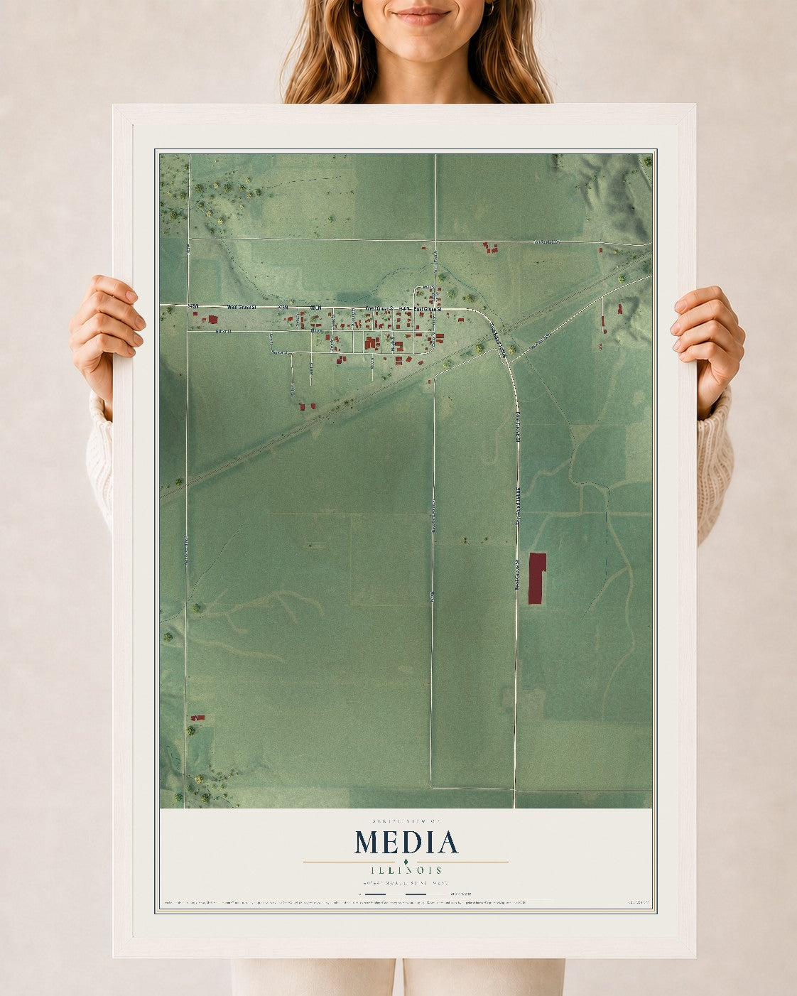 Map of Media, Illinois, 24 x 36 inch print in a white wood frame