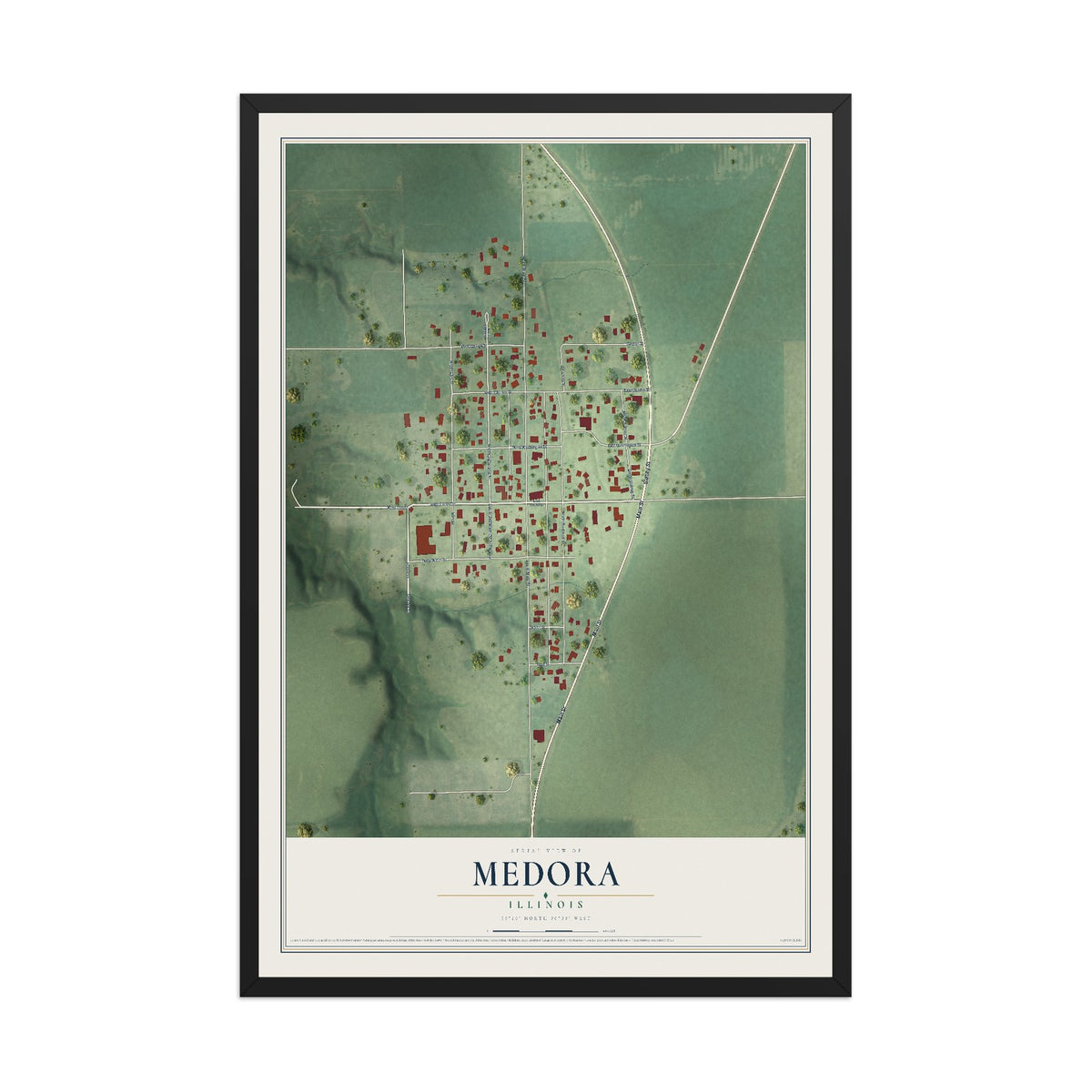 Map of Medora, Illinois, 12 x 18 inch print in a black wood frame