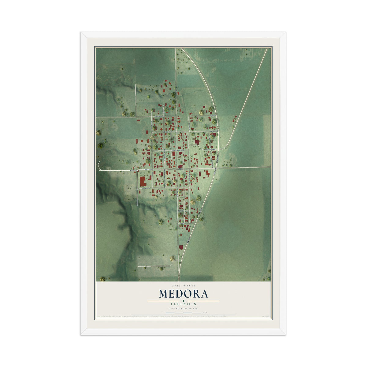 Map of Medora, Illinois, 12 x 18 inch print in a white wood frame
