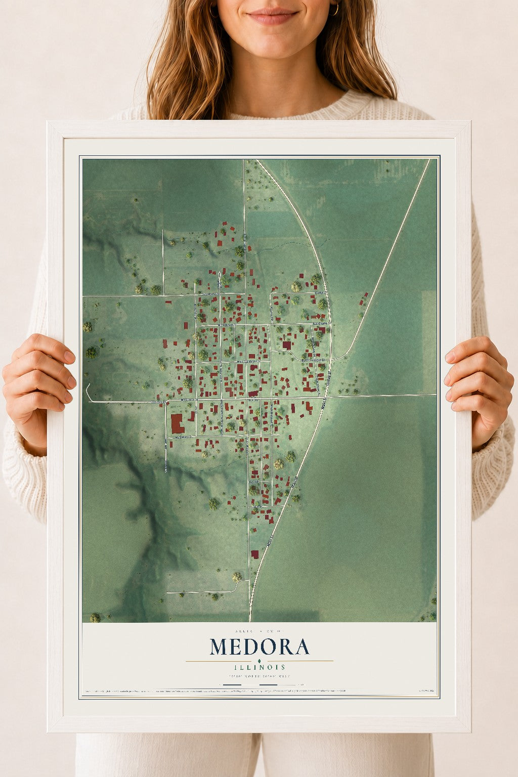 Map of Medora, Illinois, 18 x 24 inch print in a white wood frame