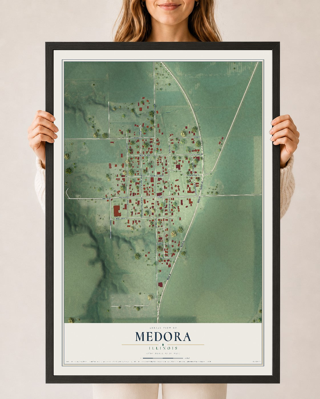 Map of Medora, Illinois, 24 x 36 inch print in a black wood frame