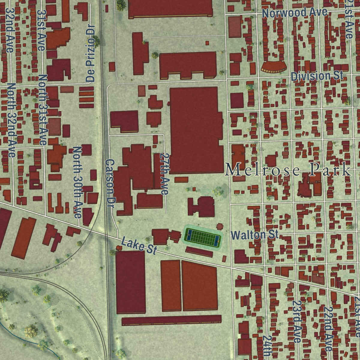 Second close-up of the map of Melrose Park, Illinois print showing more streets and buildings