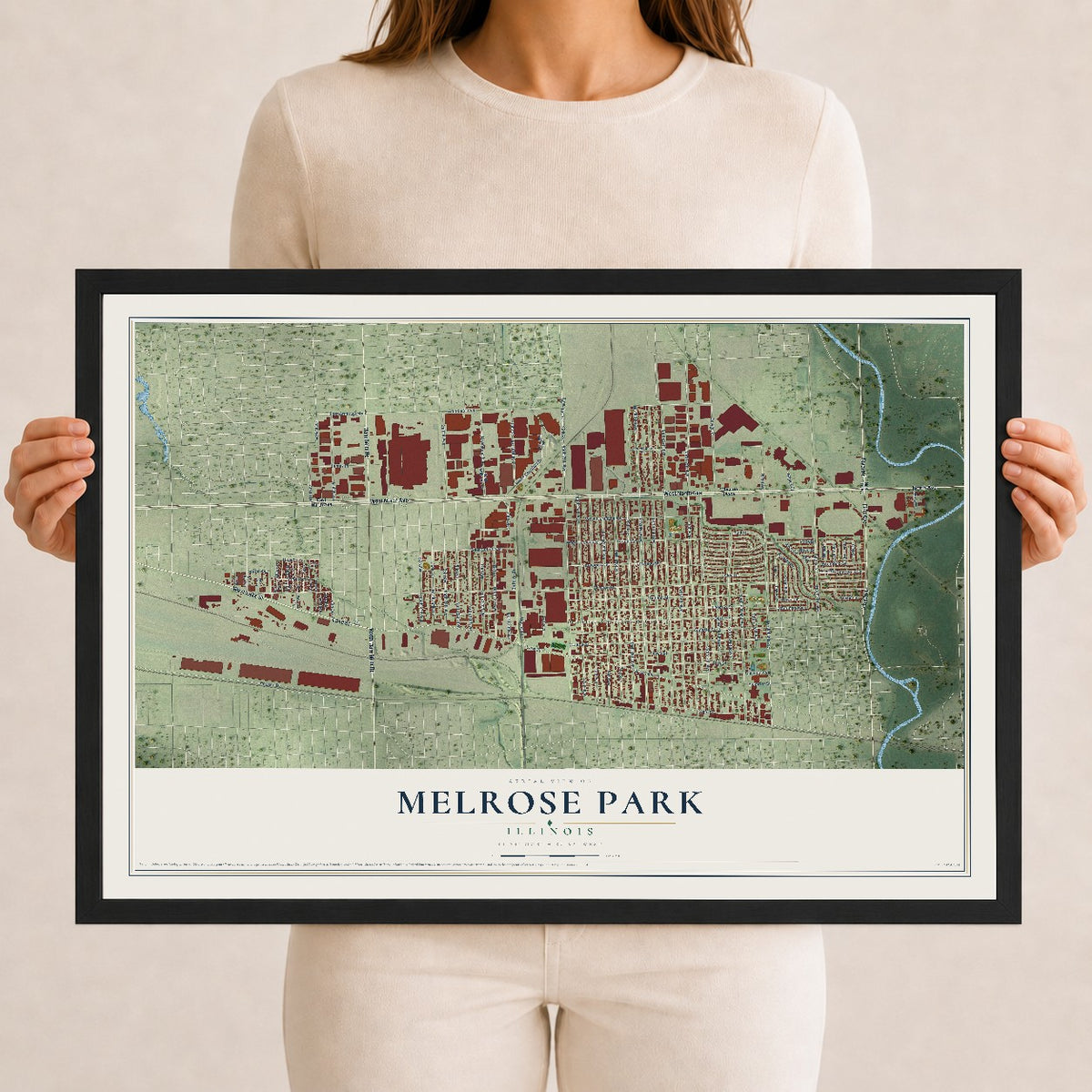 Map of Melrose Park, Illinois, 12 x 18 inch print in a black wood frame