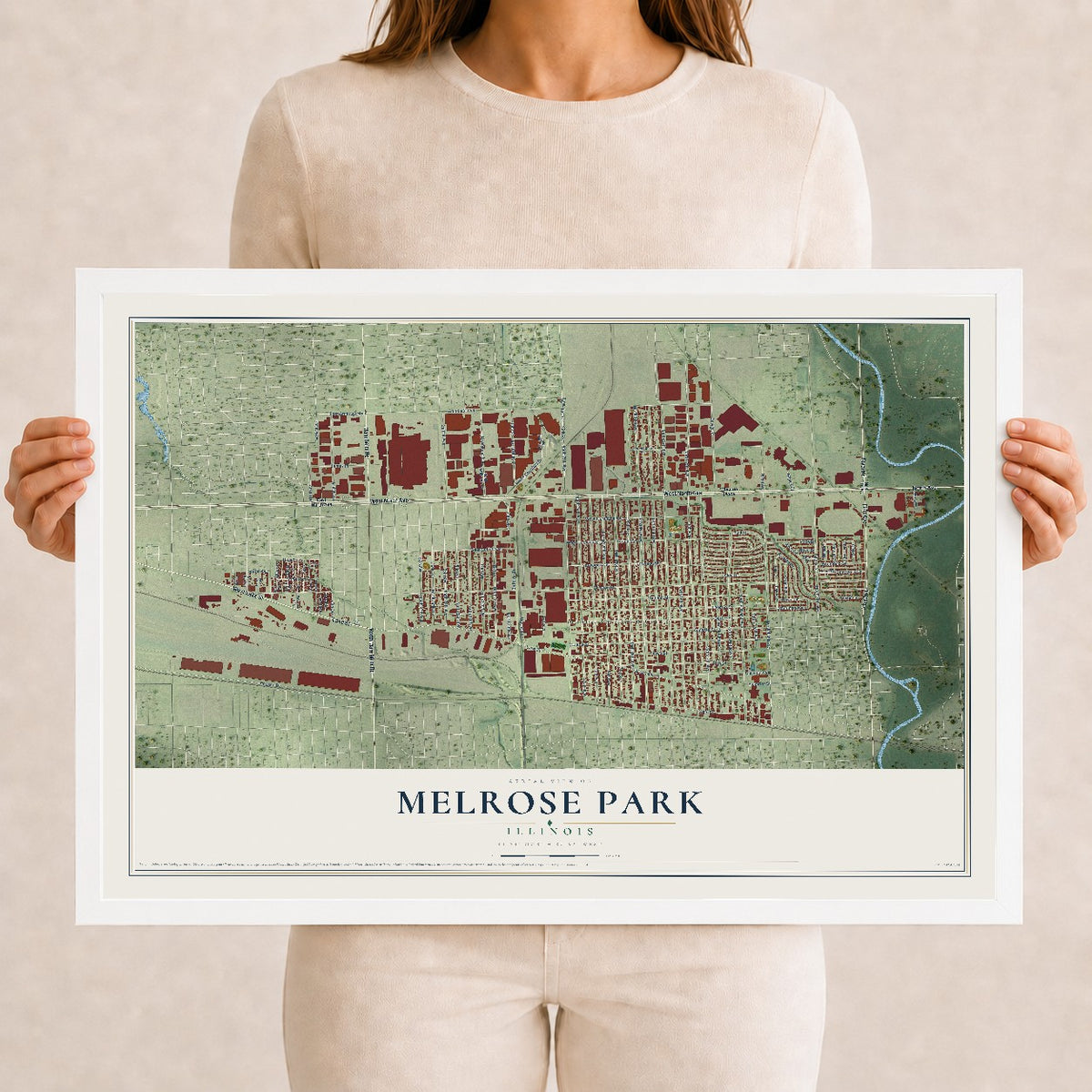 Map of Melrose Park, Illinois, 12 x 18 inch print in a white wood frame
