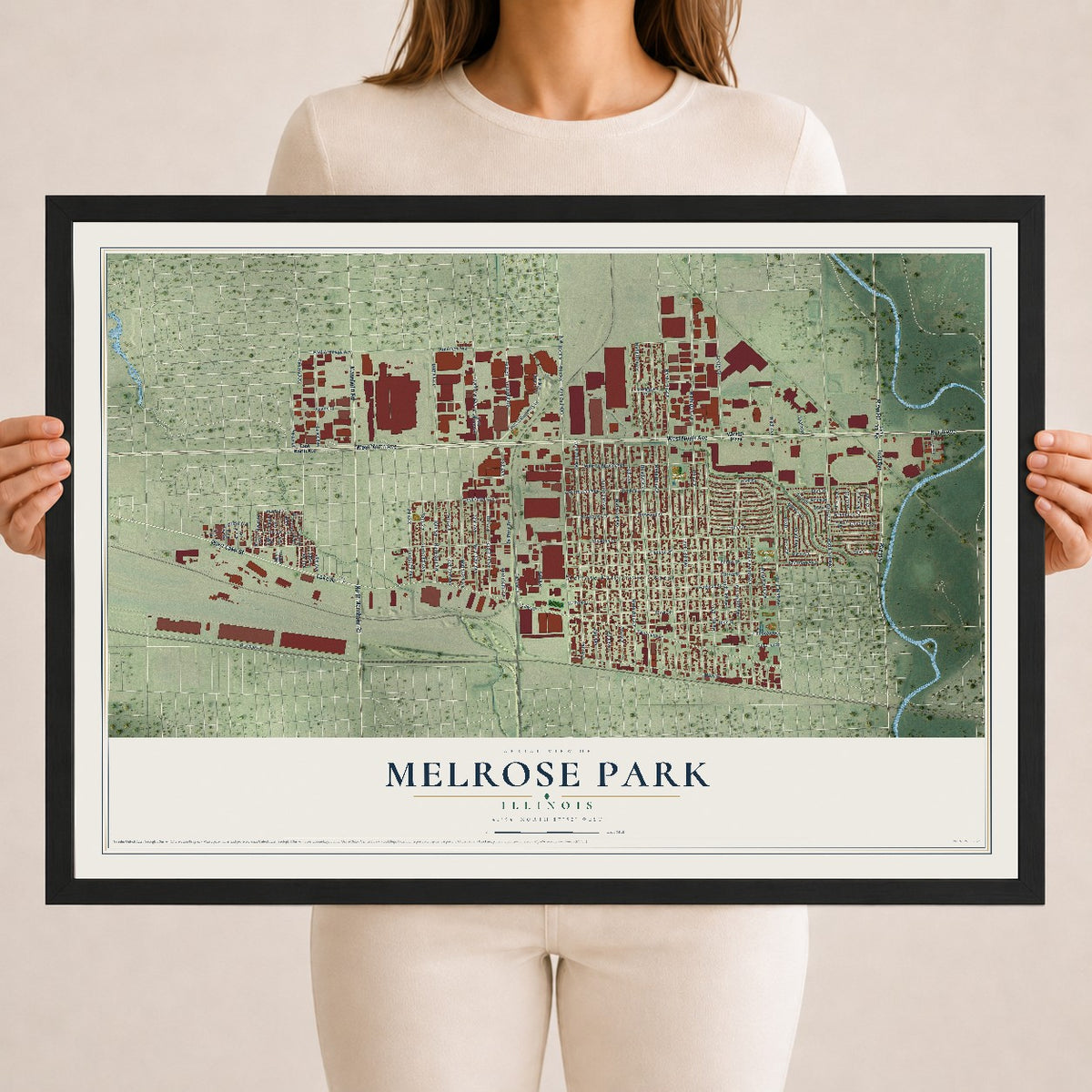 Map of Melrose Park, Illinois, 18 x 24 inch print in a black wood frame